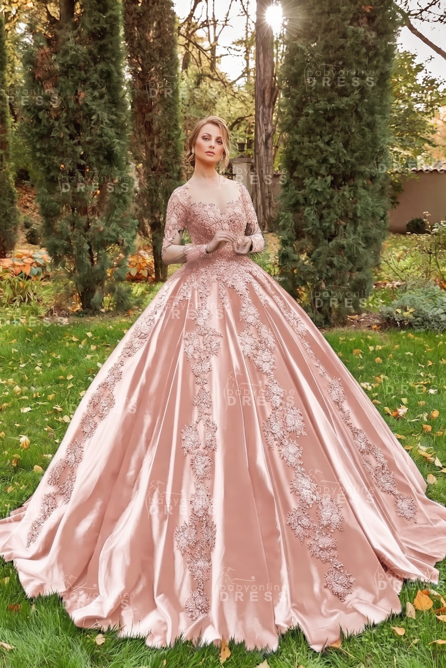 Gorgeous Long Sleeves Velvet Ball Gown with 3D Floral Appliques