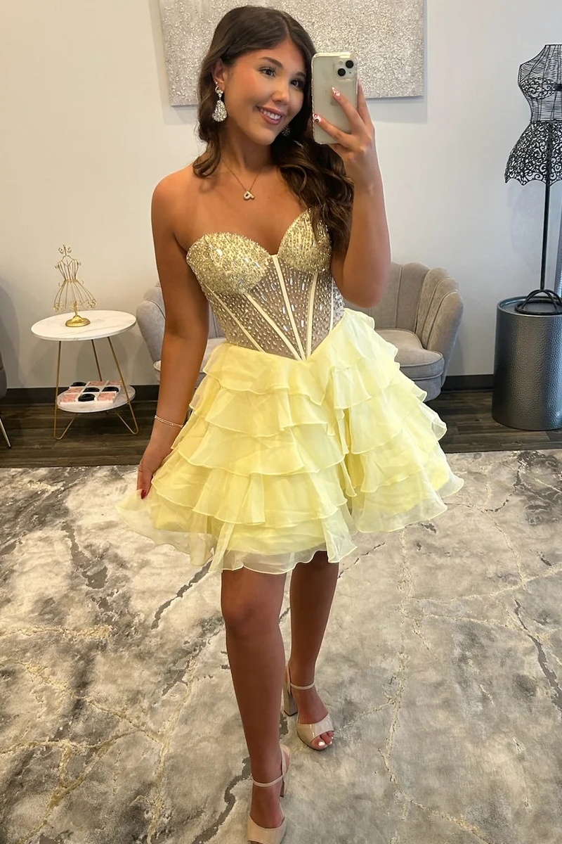 Pink Sweetheart Beaded Corset Ruffle Short A-Line Homecoming Dress