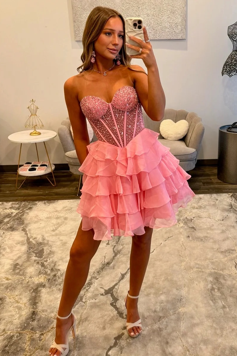 Pink Sweetheart Beaded Corset Ruffle Short A-Line Homecoming Dress