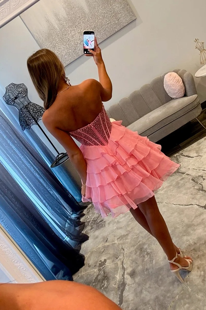 Pink Sweetheart Beaded Corset Ruffle Short A-Line Homecoming Dress
