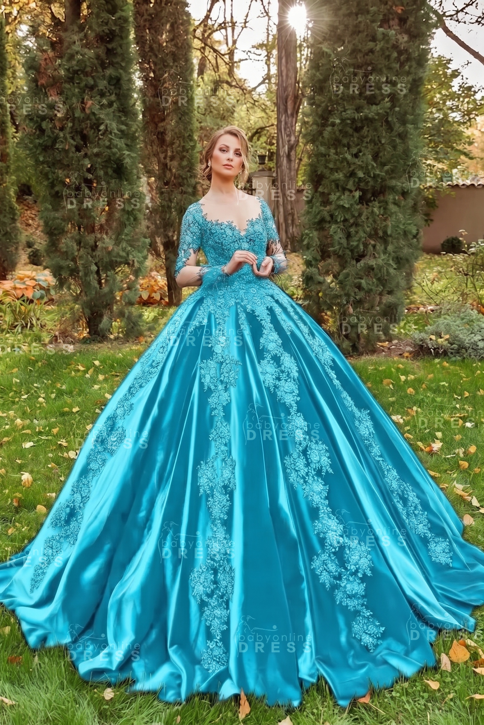 Gorgeous Long Sleeves Velvet Ball Gown with 3D Floral Appliques