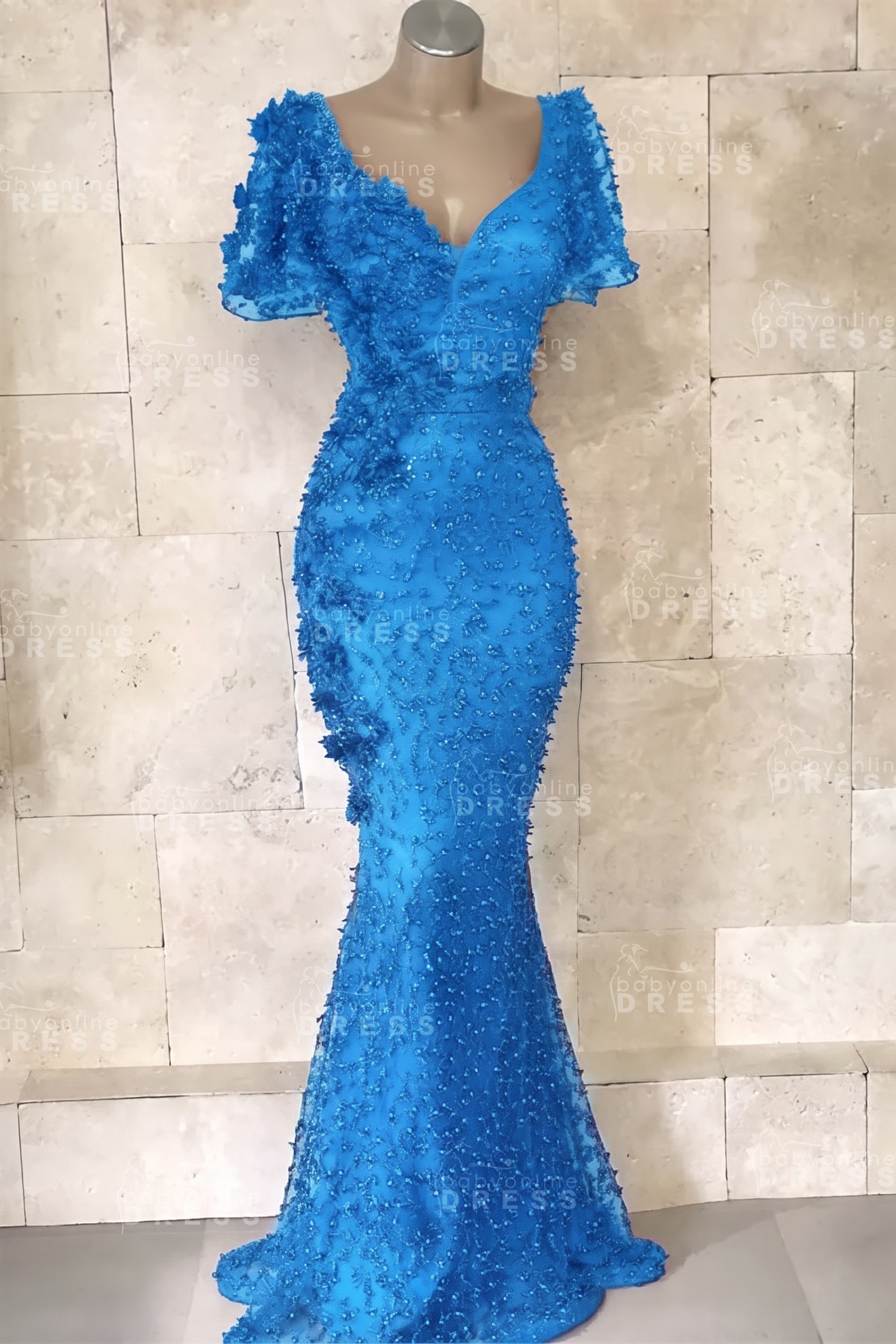 Glamorous V-Neck Short Sleeves Beading Flower Mermaid Floor-Length Prom Dresses