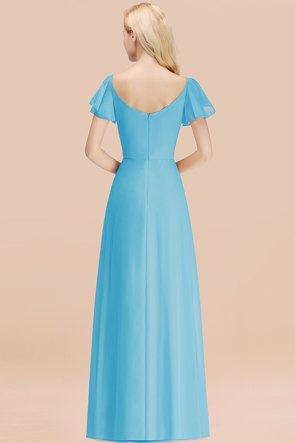 Elegant Puffy Sleeves Aline Bridesmaid Dress Ruffle Chiffon Wedding Guest Dress