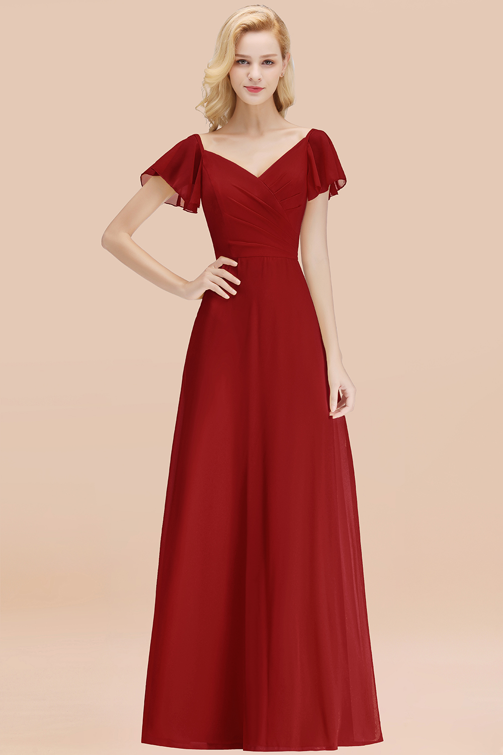 Elegant Puffy Sleeves Aline Bridesmaid Dress Ruffle Chiffon Wedding Guest Dress