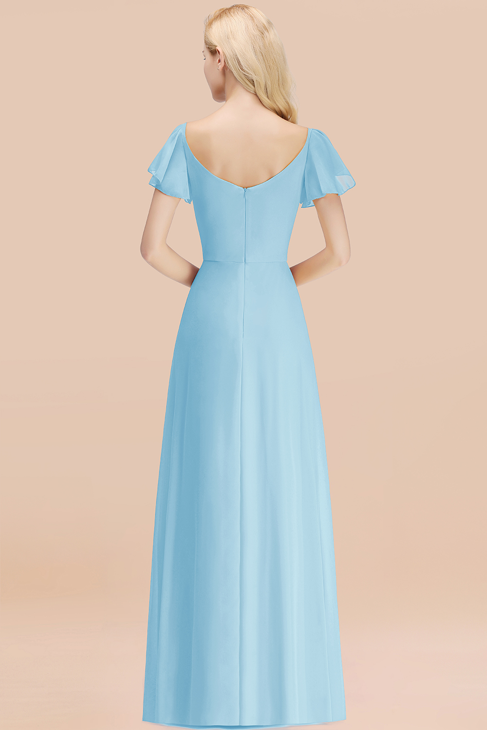 Elegant Puffy Sleeves Aline Bridesmaid Dress Ruffle Chiffon Wedding Guest Dress