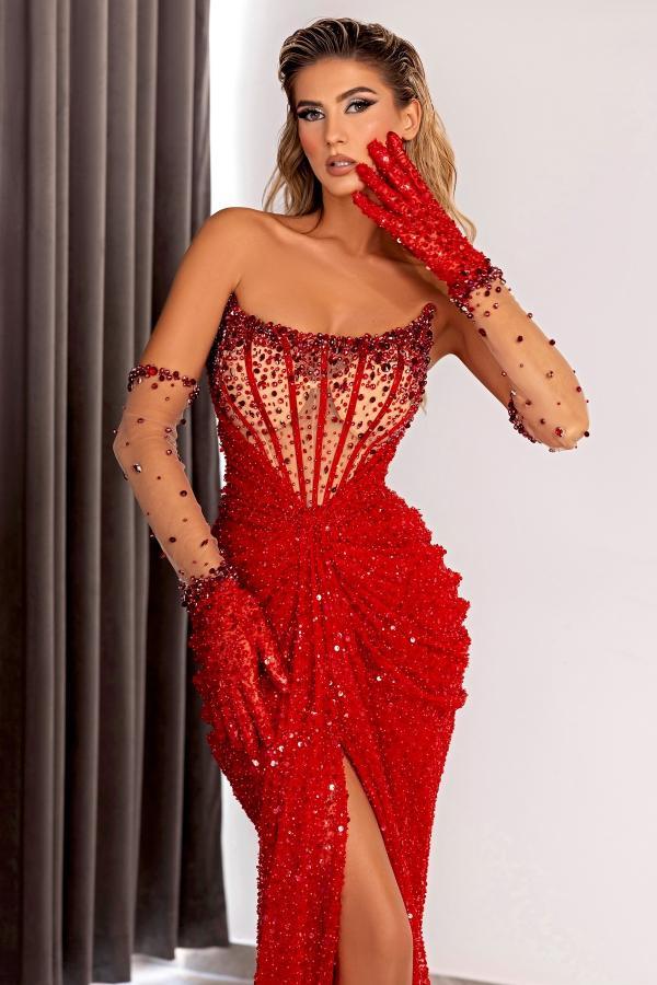 Red Strapless High Split Mermaid Gloves Prom Dresses
