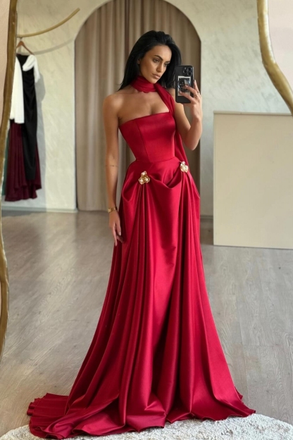 Red Strapless Ruched Pearl Detailing Mermaid Prom Dresses