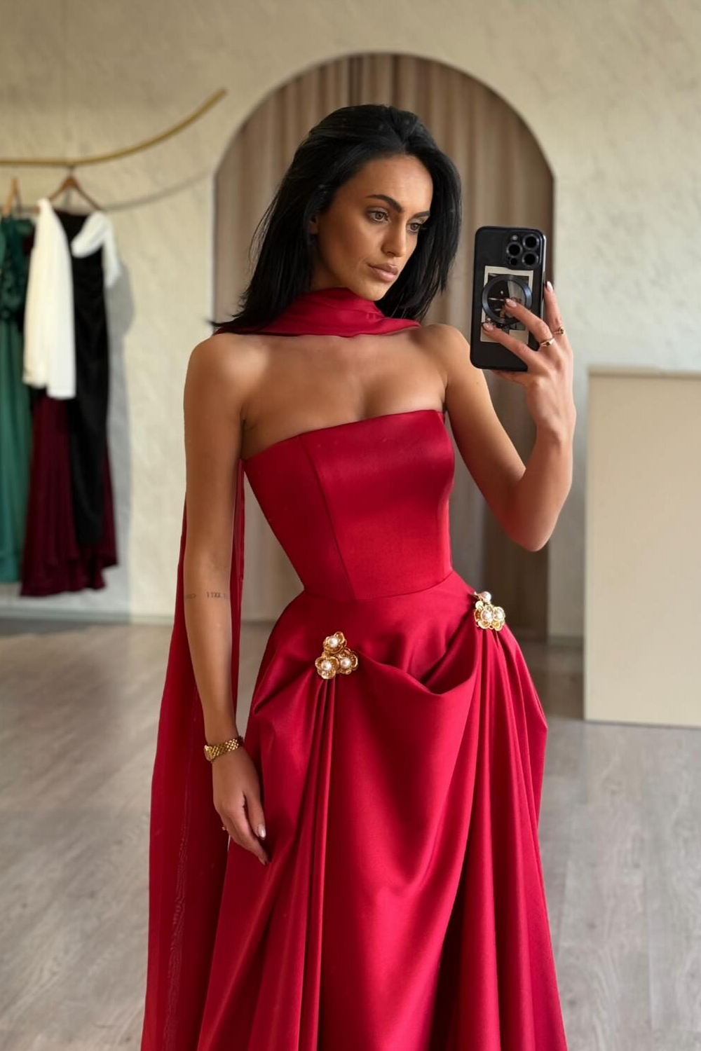 Red Strapless Ruched Pearl Detailing Mermaid Prom Dresses