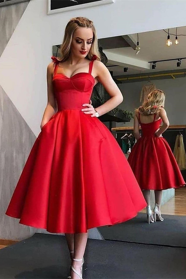 Red Sweetheart Straps Satin Princess Homecoming Dresses with Pockets