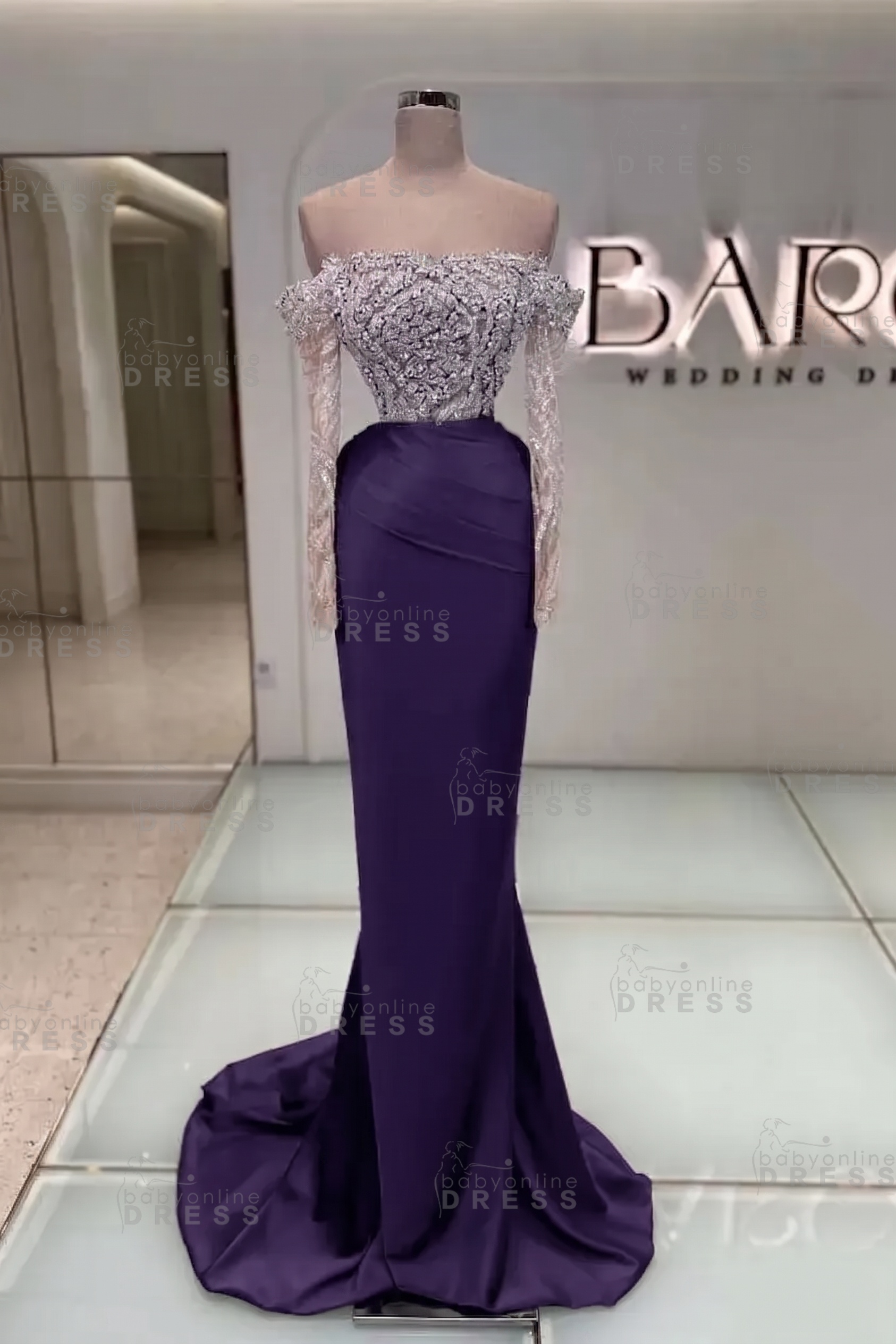 Off-the-Shoulder Ruffles Satin Mermaid Prom Dress Beadings with Sleeves