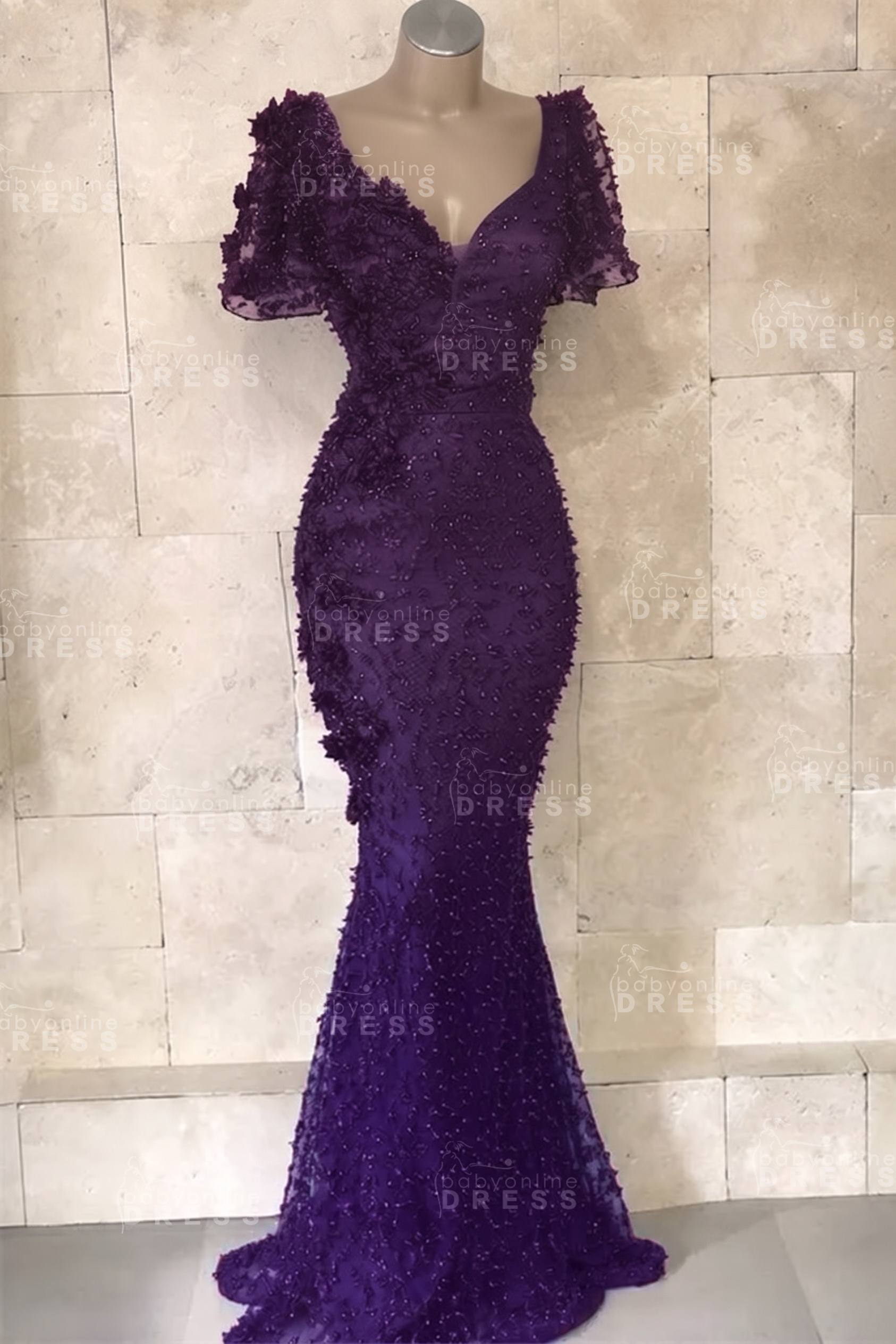 Glamorous V-Neck Short Sleeves Beading Flower Mermaid Floor-Length Prom Dresses