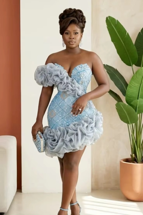 Rhinestone Beaded Corset Party Dress Off Shoulder Ruffle Lace African Wedding Guest Dress Mini
