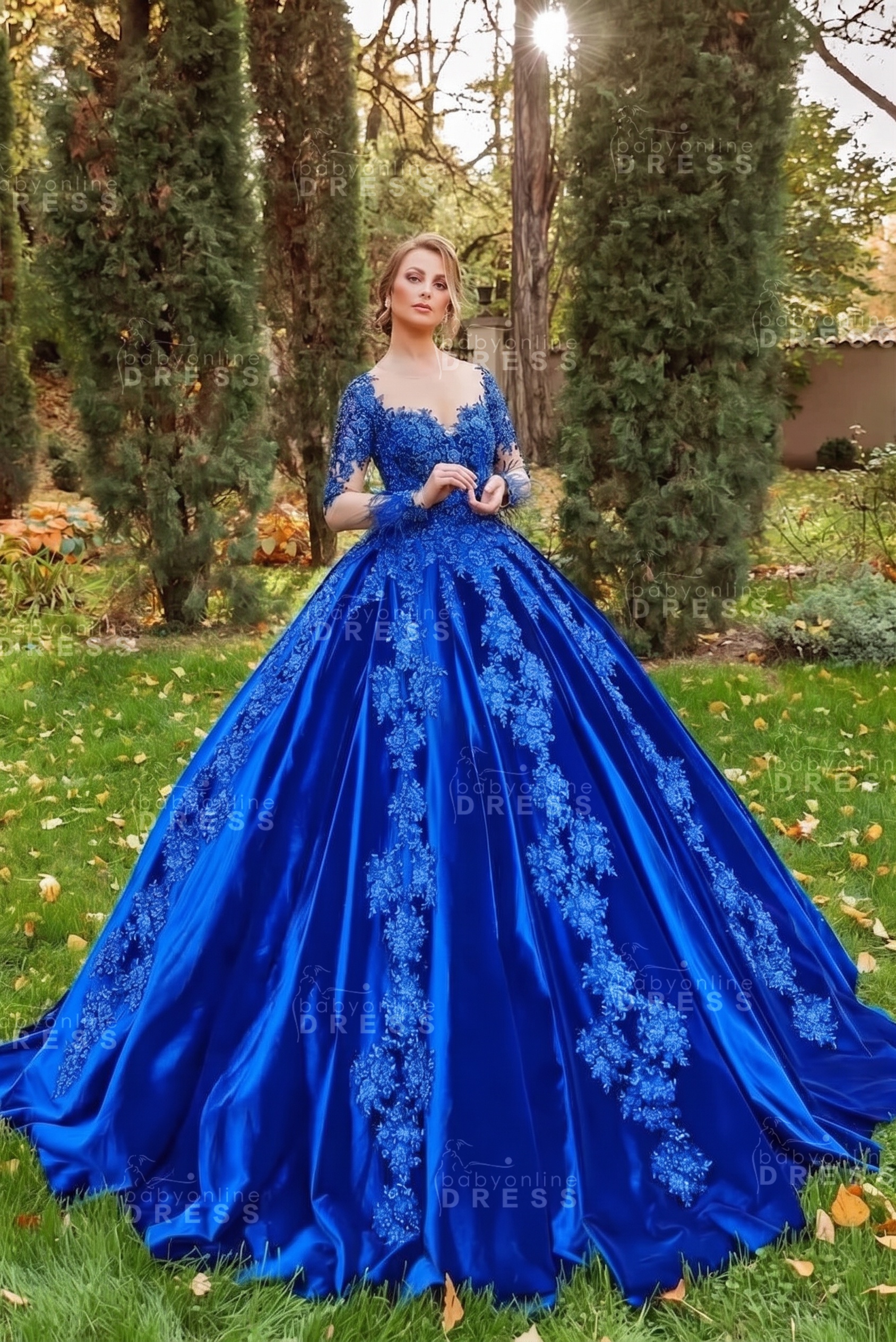 Gorgeous Long Sleeves Velvet Ball Gown with 3D Floral Appliques