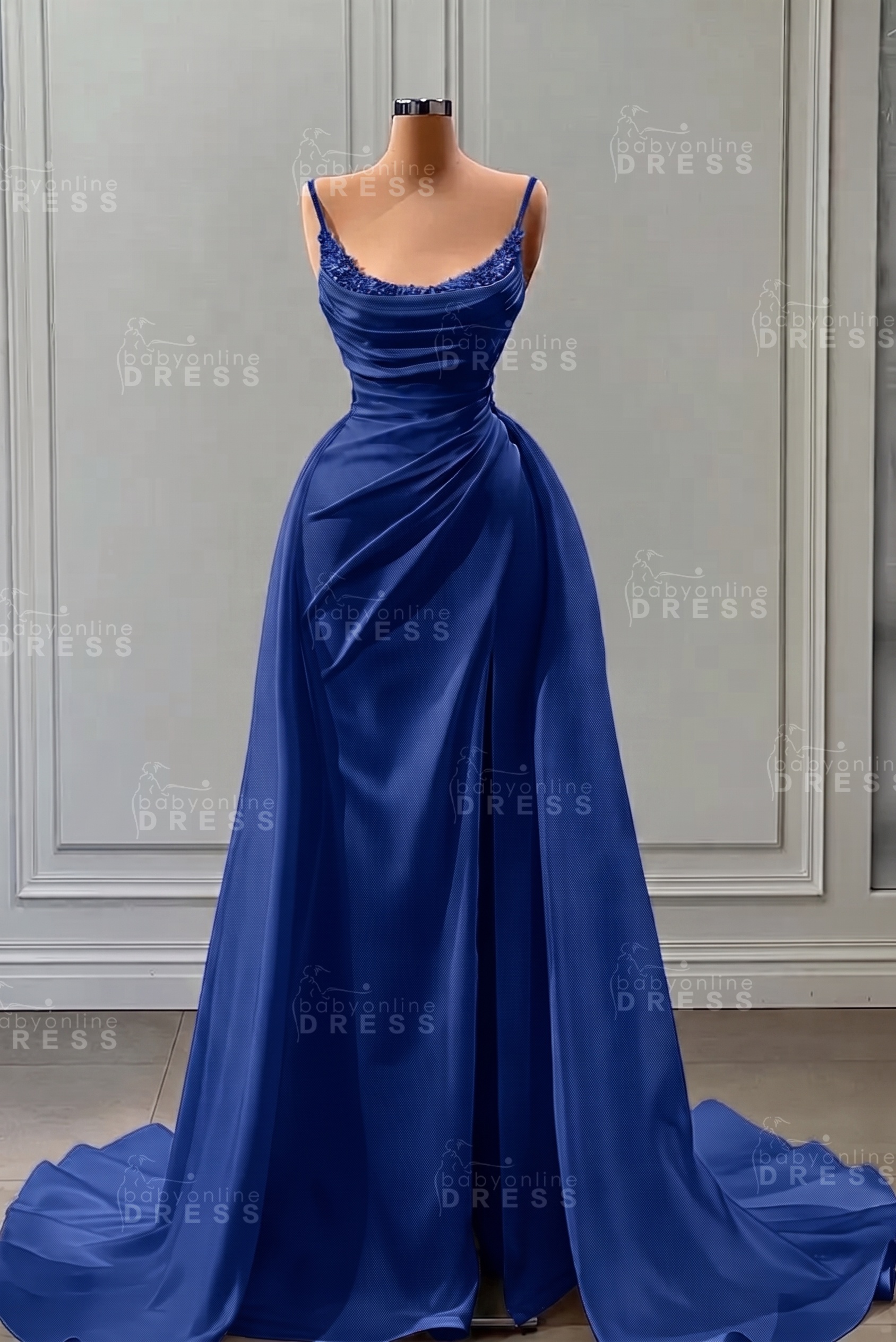 White Spaghetti Straps Satin Mermaid Prom Dress with High Split