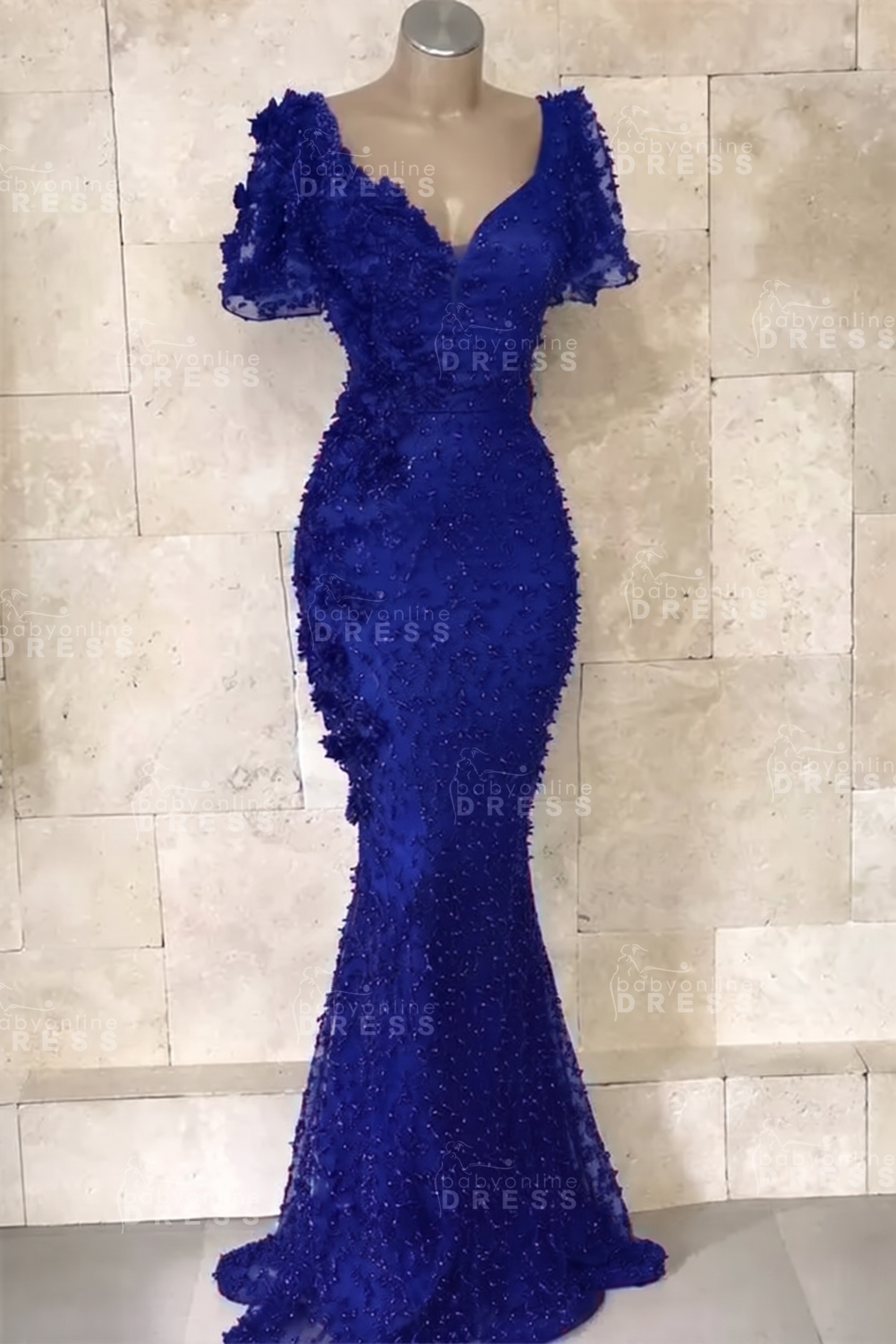 Glamorous V-Neck Short Sleeves Beading Flower Mermaid Floor-Length Prom Dresses