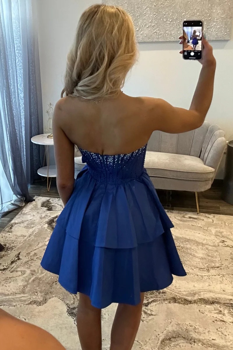 Royal Blue Strapless Beaded Corset Mini Homecoming Dress with Bow