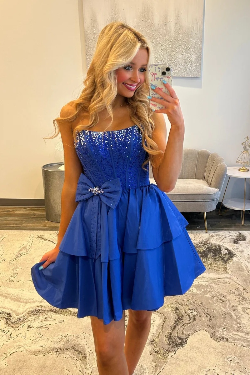 Royal Blue Strapless Beaded Corset Mini Homecoming Dress with Bow