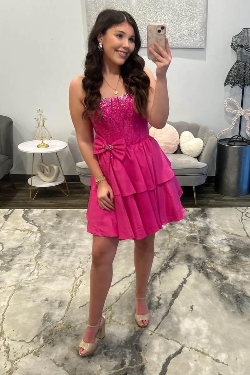 Royal Blue Strapless Beaded Corset Mini Homecoming Dress with Bow