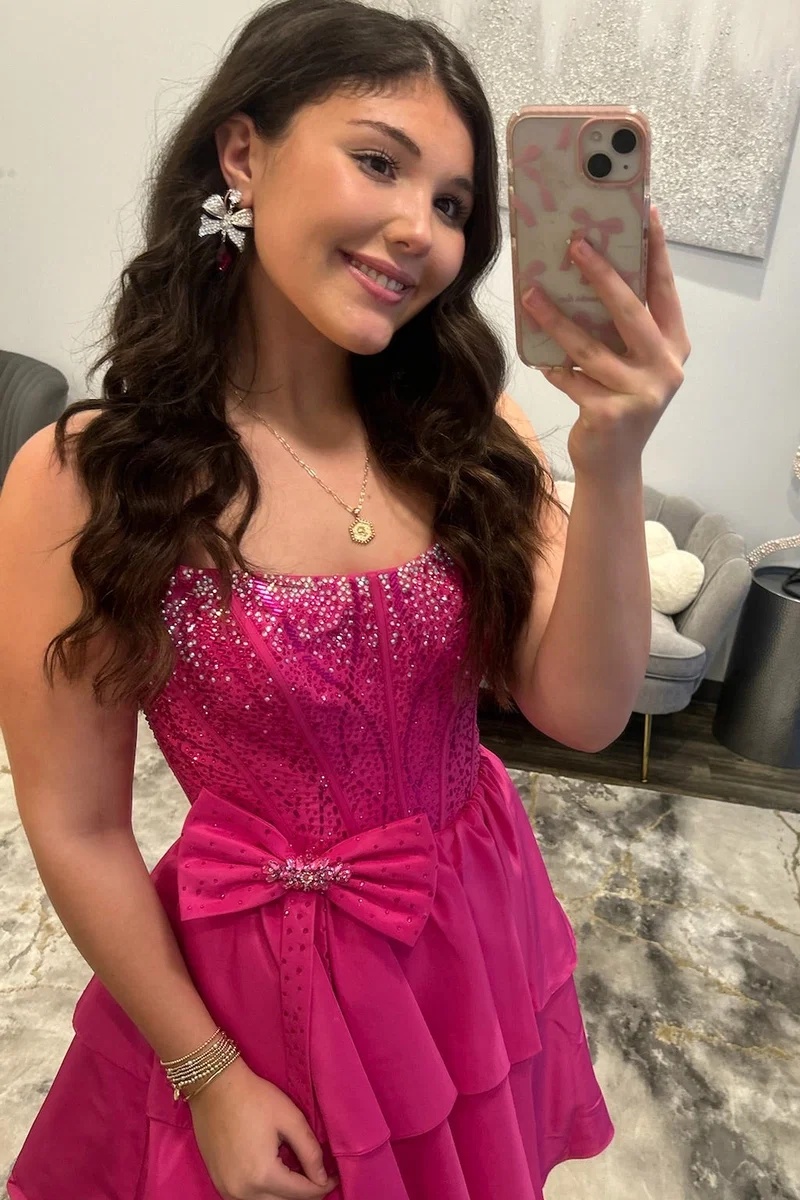 Royal Blue Strapless Beaded Corset Mini Homecoming Dress with Bow