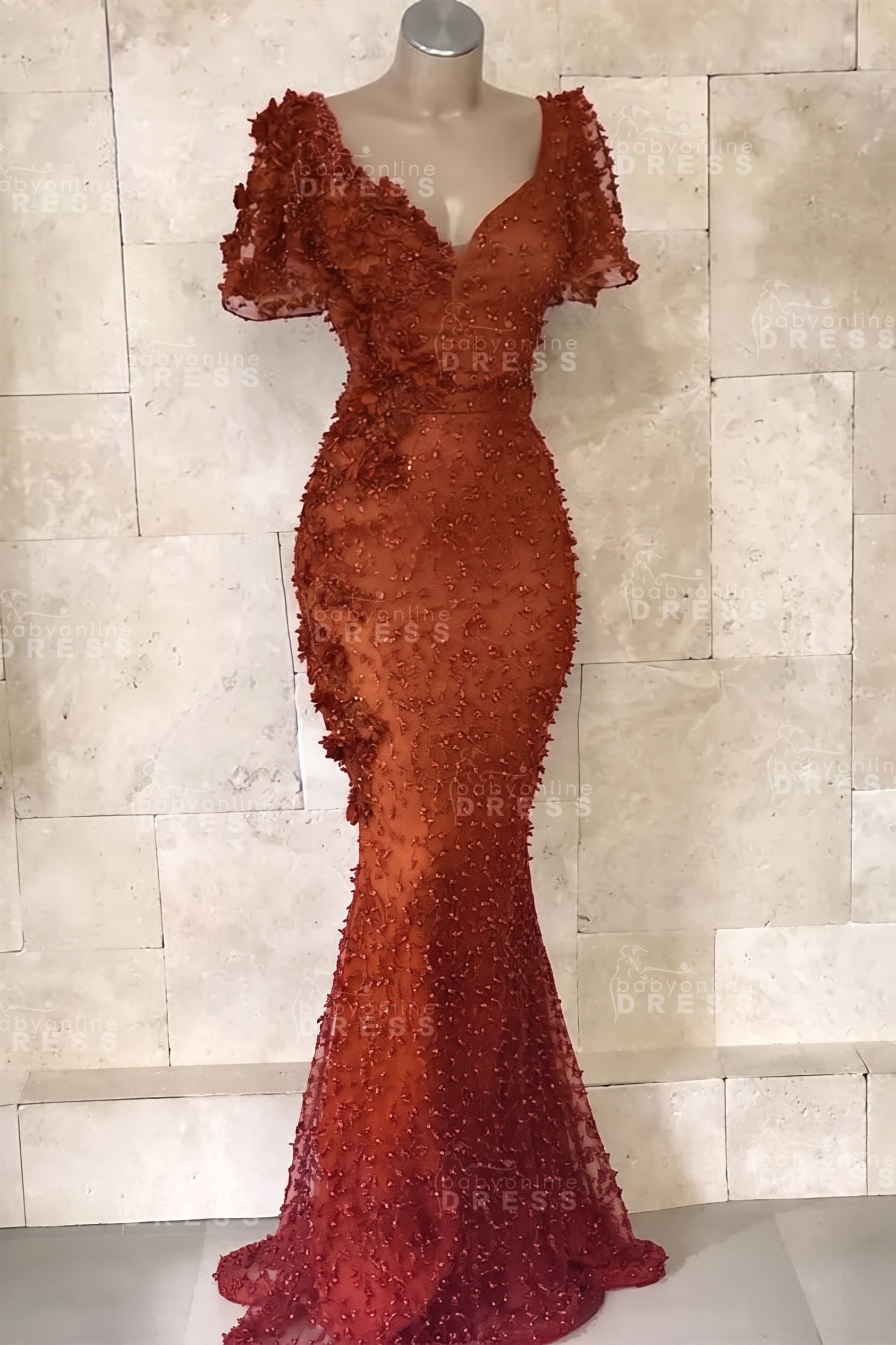 Glamorous V-Neck Short Sleeves Beading Flower Mermaid Floor-Length Prom Dresses