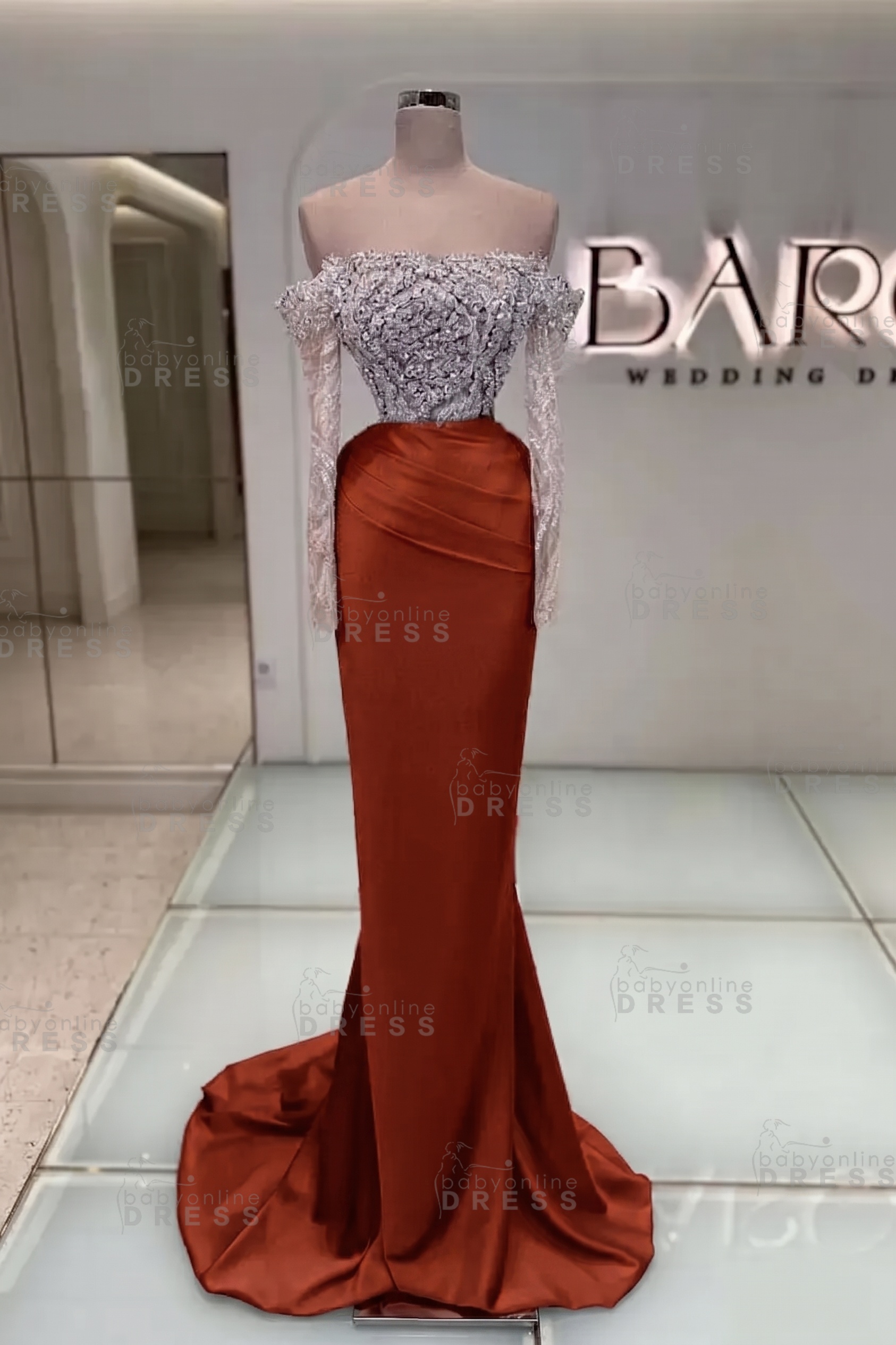 Off-the-Shoulder Ruffles Satin Mermaid Prom Dress Beadings with Sleeves