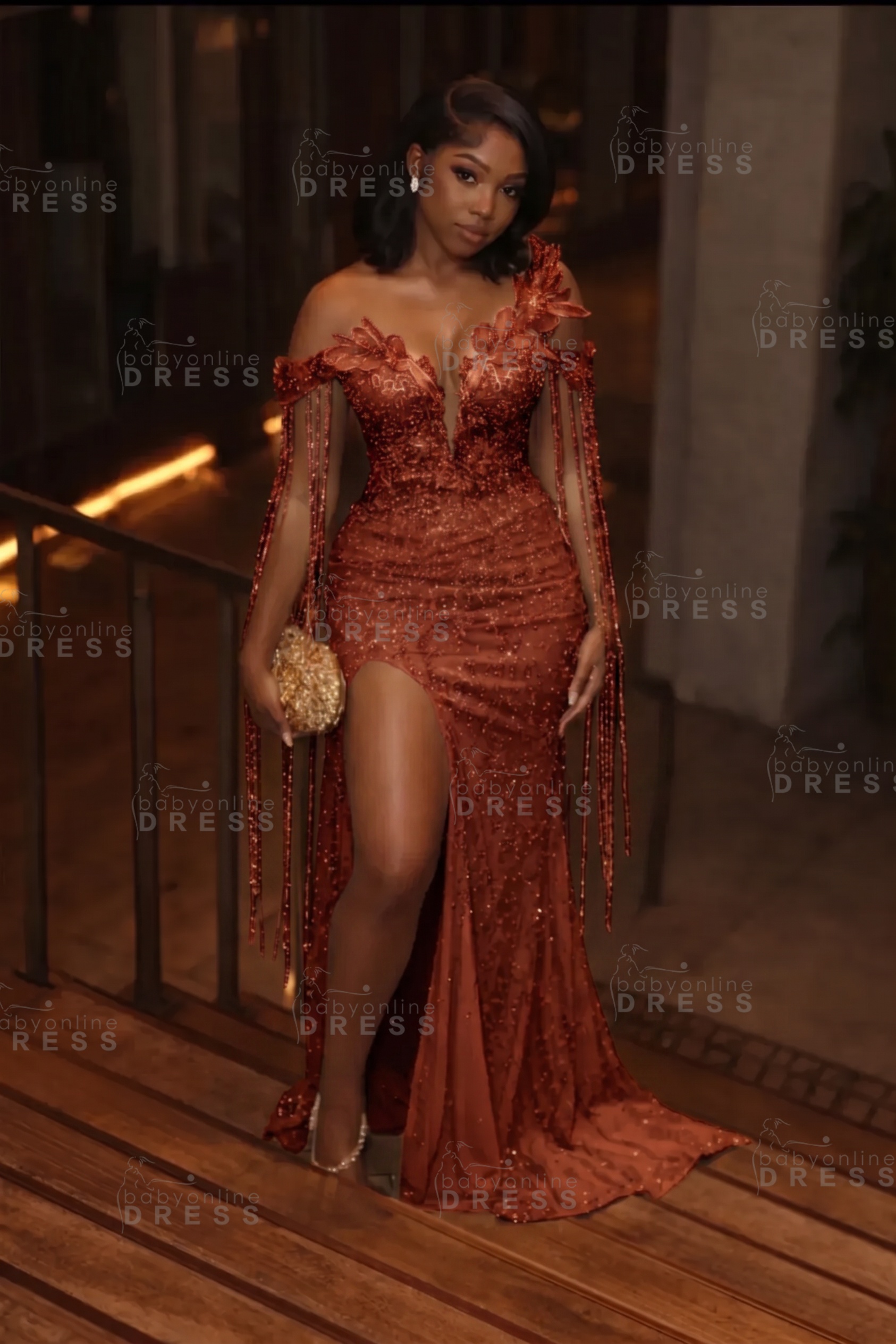 Stunning Asymmetric  Sequins Prom DressMermaid Gold Evening Gown with Tassels
