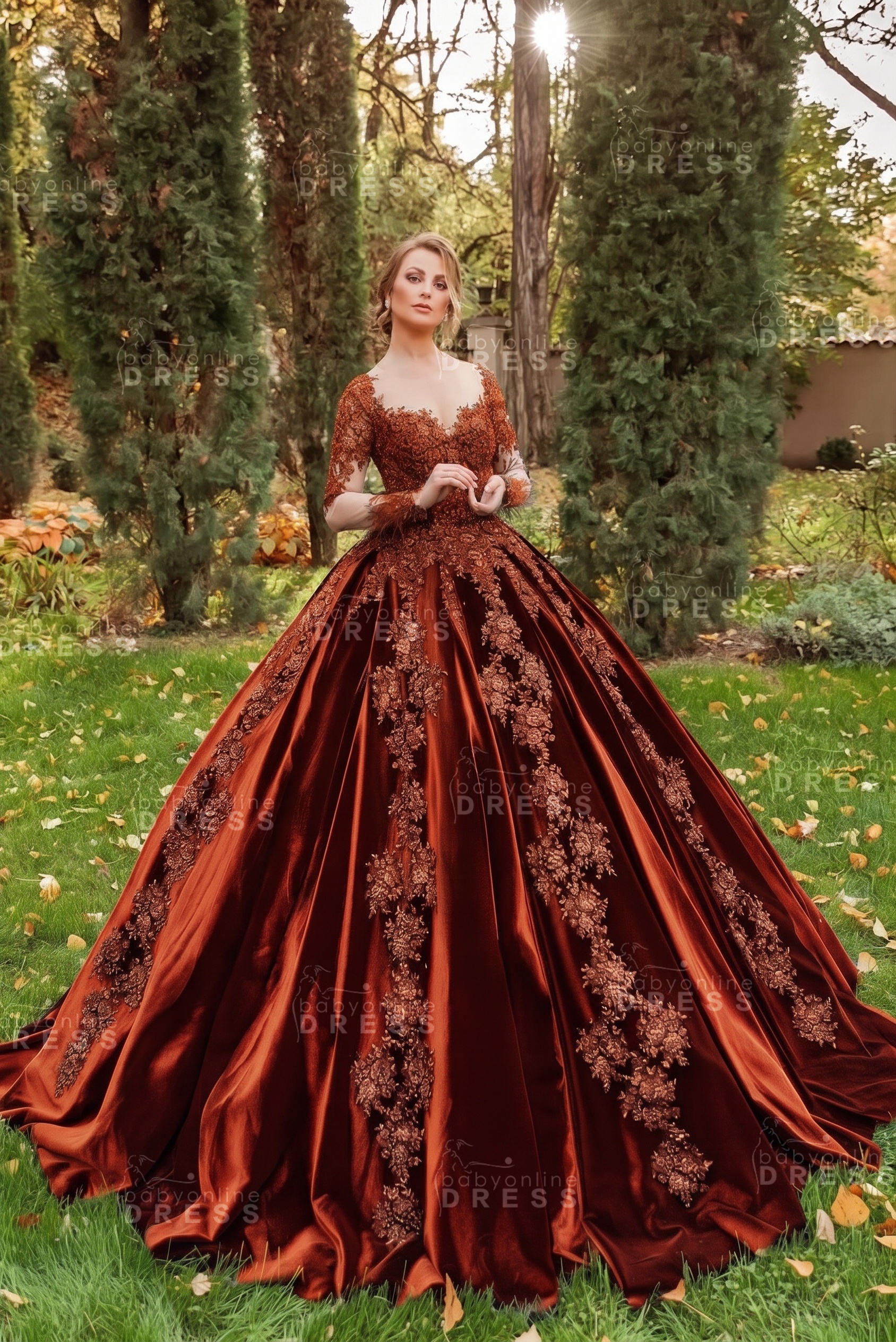 Gorgeous Long Sleeves Velvet Ball Gown with 3D Floral Appliques