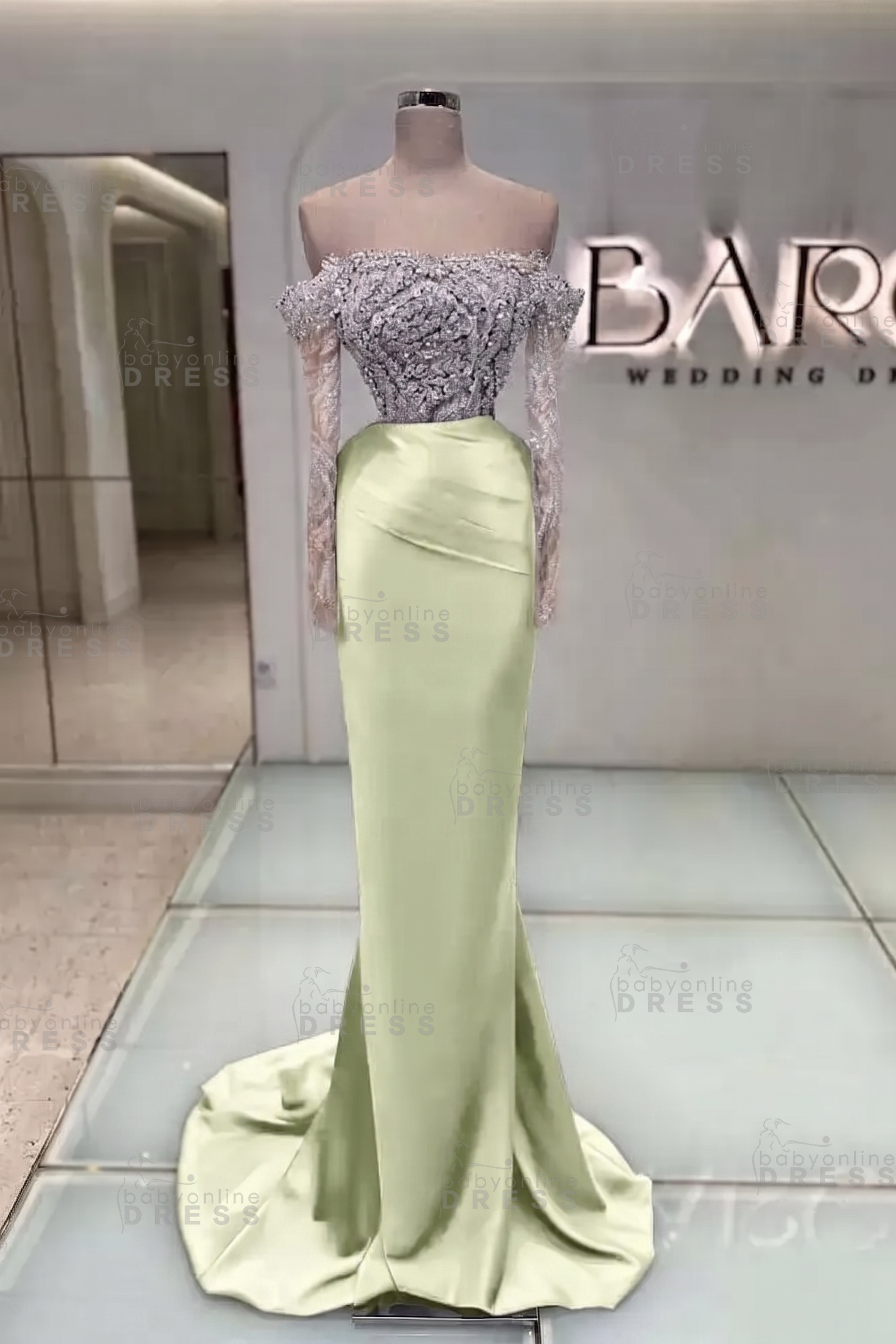 Off-the-Shoulder Ruffles Satin Mermaid Prom Dress Beadings with Sleeves