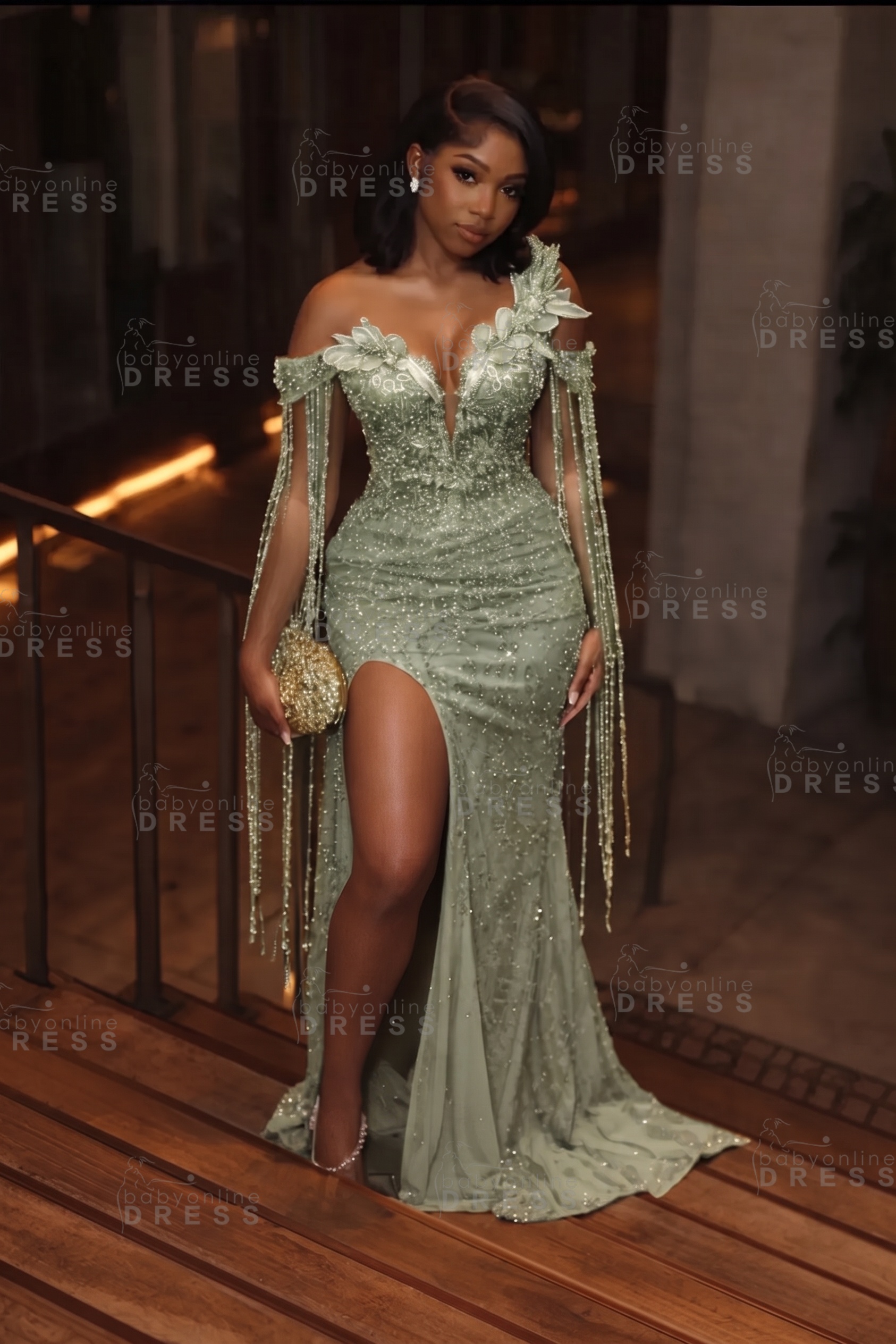 Stunning Asymmetric  Sequins Prom DressMermaid Gold Evening Gown with Tassels