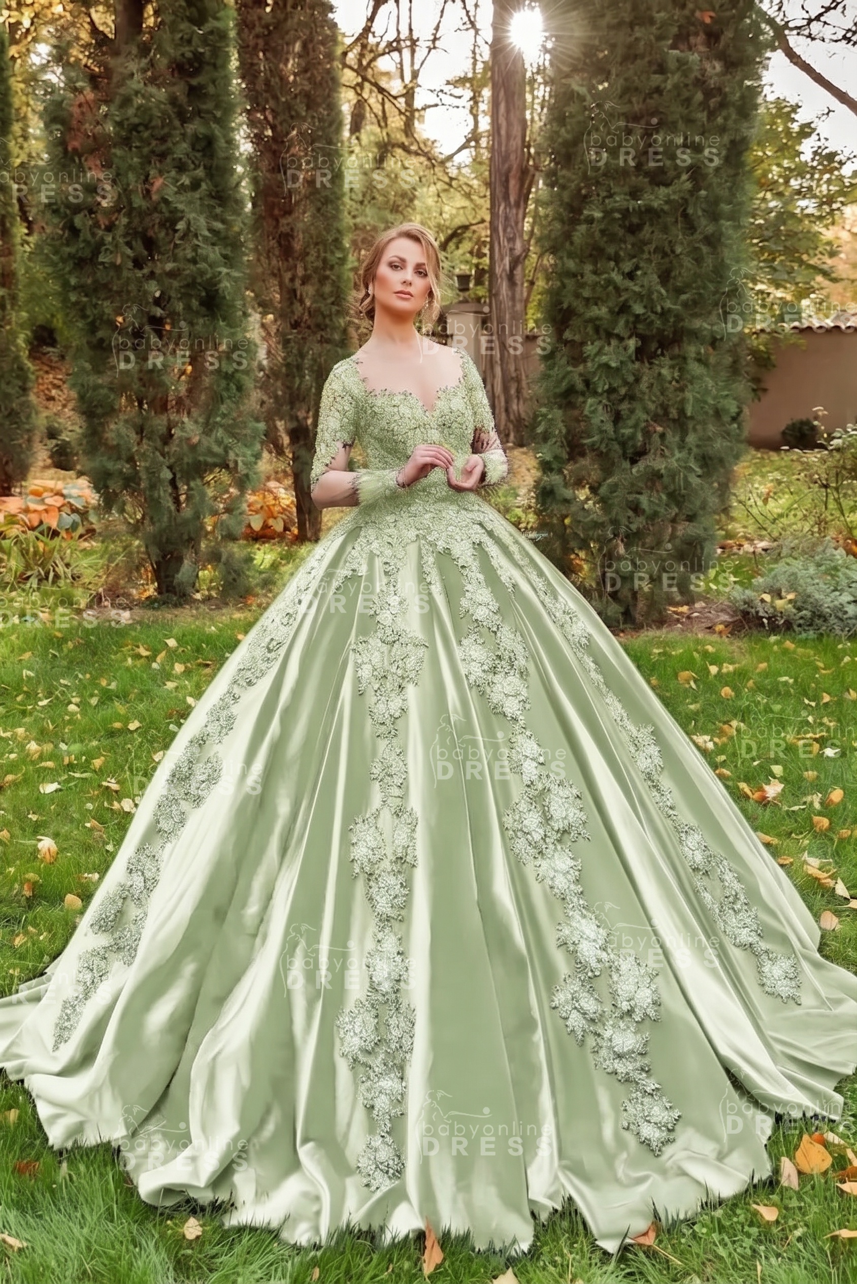 Gorgeous Long Sleeves Velvet Ball Gown with 3D Floral Appliques