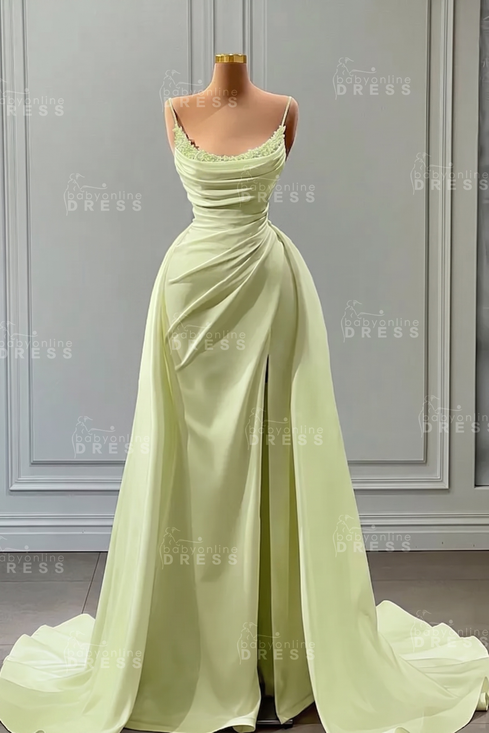 White Spaghetti Straps Satin Mermaid Prom Dress with High Split