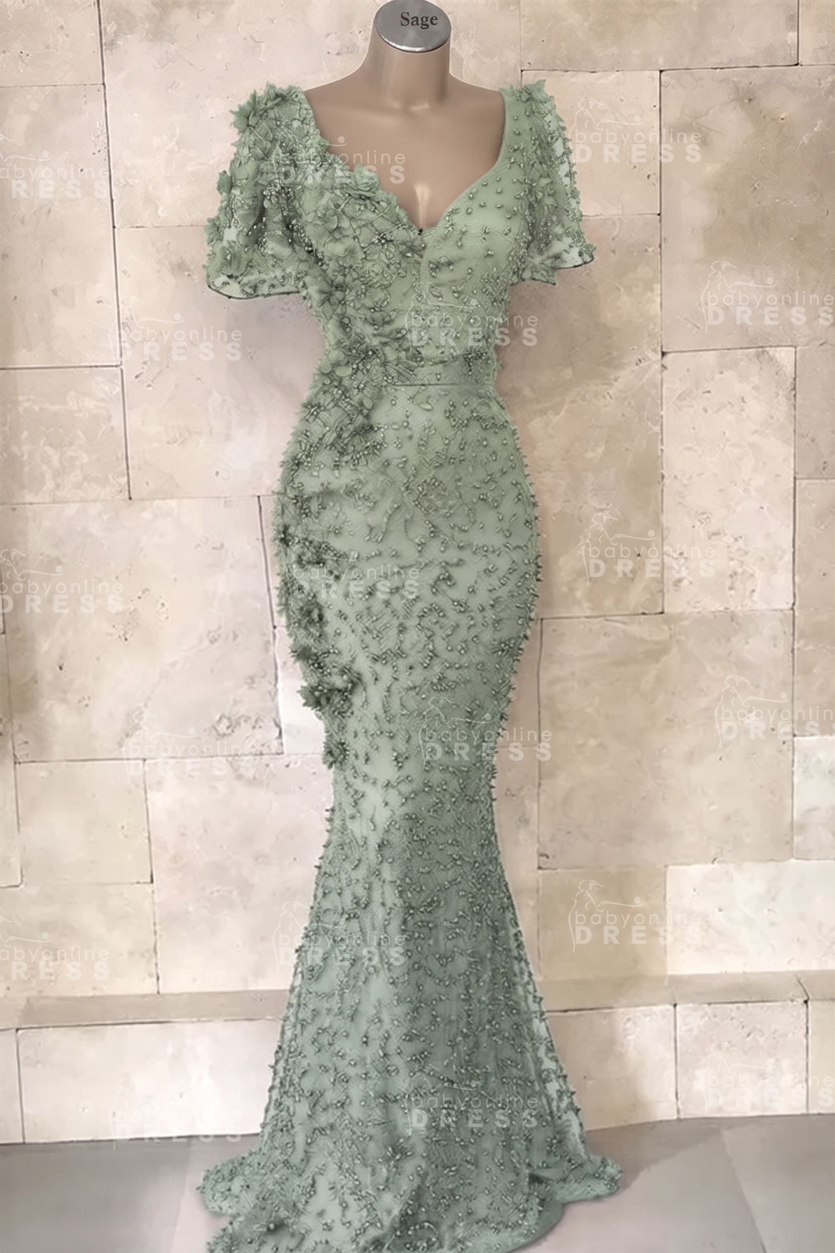 Glamorous V-Neck Short Sleeves Beading Flower Mermaid Floor-Length Prom Dresses