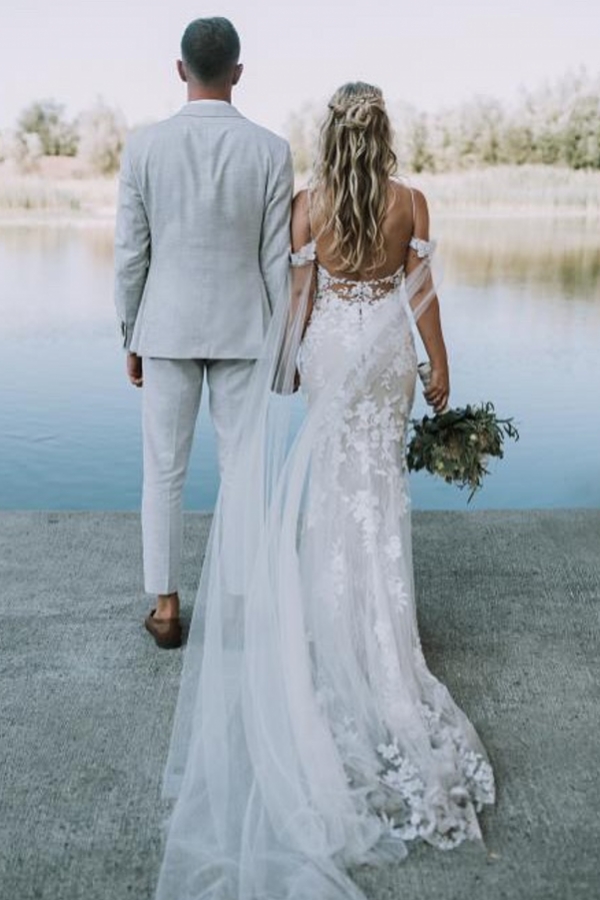Sexy Spaghetti Straps Appliques Lace Mermaid Wedding Dresses
