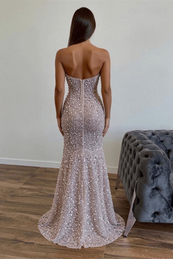 Chic Sequined Floor Length Strapless A-line Prom Dress with Front Slit