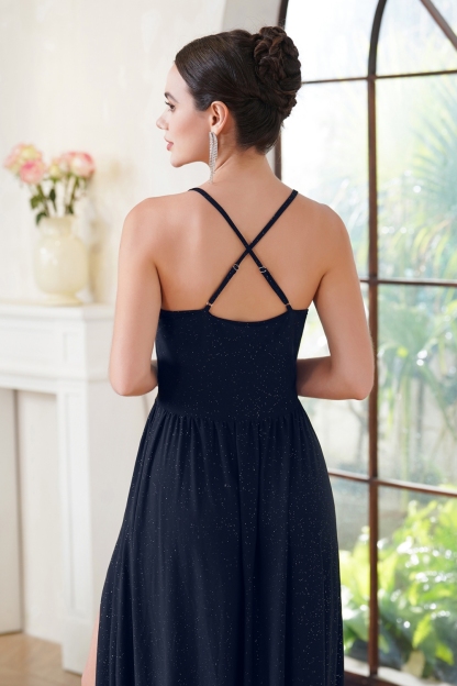 Charming Sleevless V-neck Glitter Long Formal Dress with Side Split Navy Blue Evening Dress