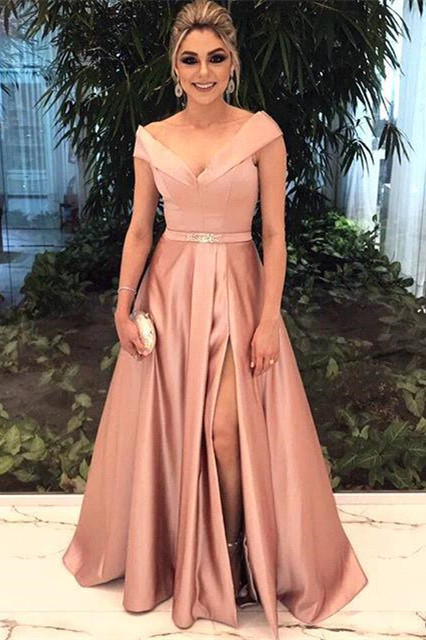 Simple V-neck Cap sleeves A-line Satin High Split Evening Dresses