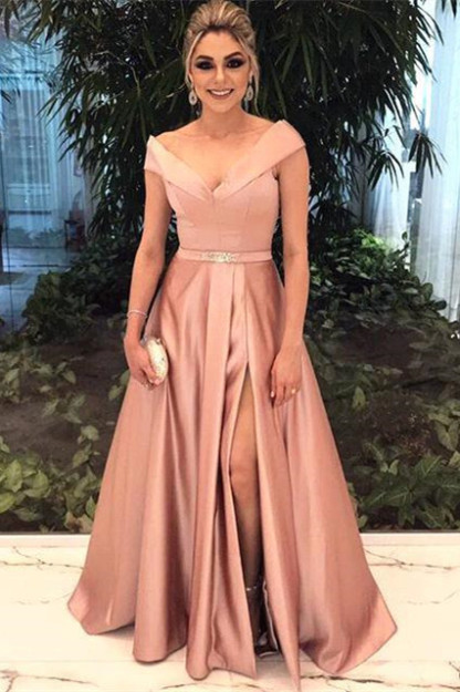 Simple V-neck Cap sleeves A-line Satin High Split Evening Dresses