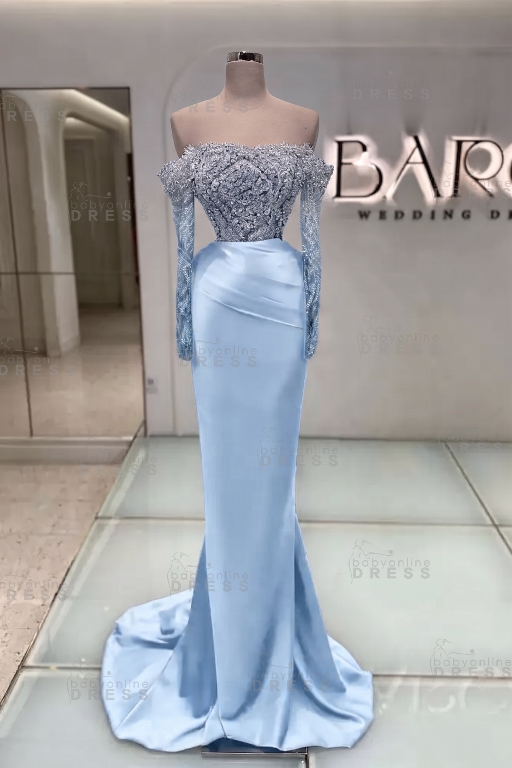 Off-the-Shoulder Ruffles Satin Mermaid Prom Dress Beadings with Sleeves