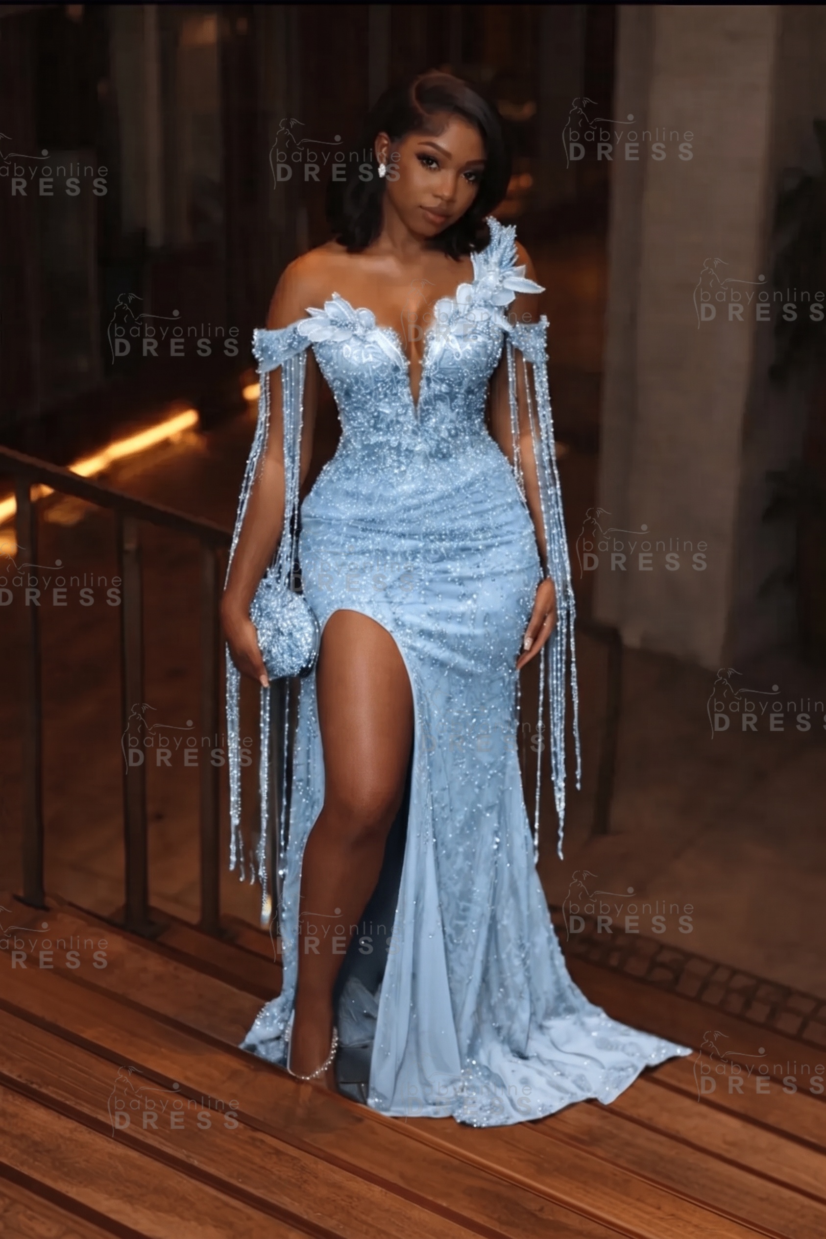 Stunning Asymmetric  Sequins Prom DressMermaid Gold Evening Gown with Tassels