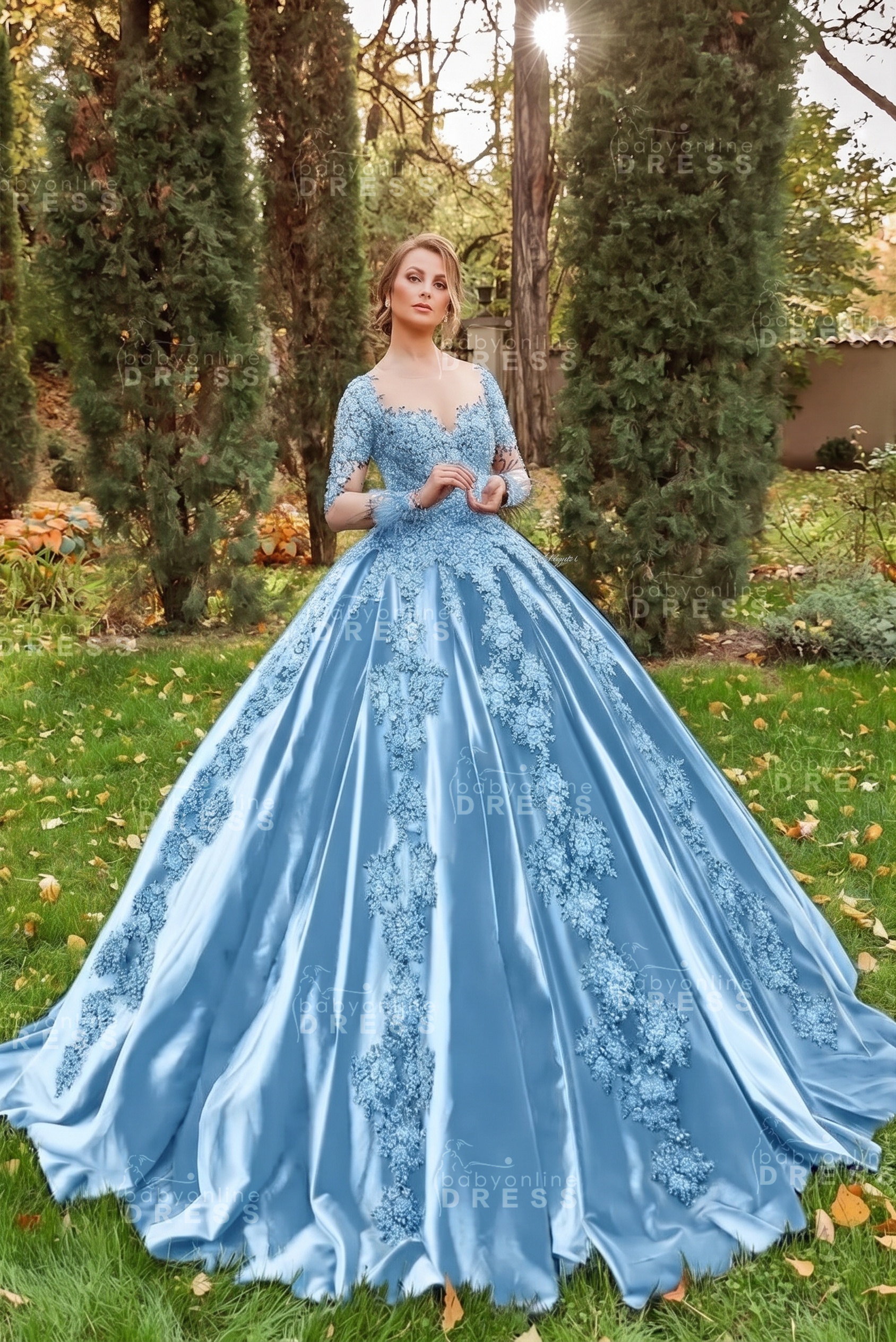 Gorgeous Long Sleeves Velvet Ball Gown with 3D Floral Appliques