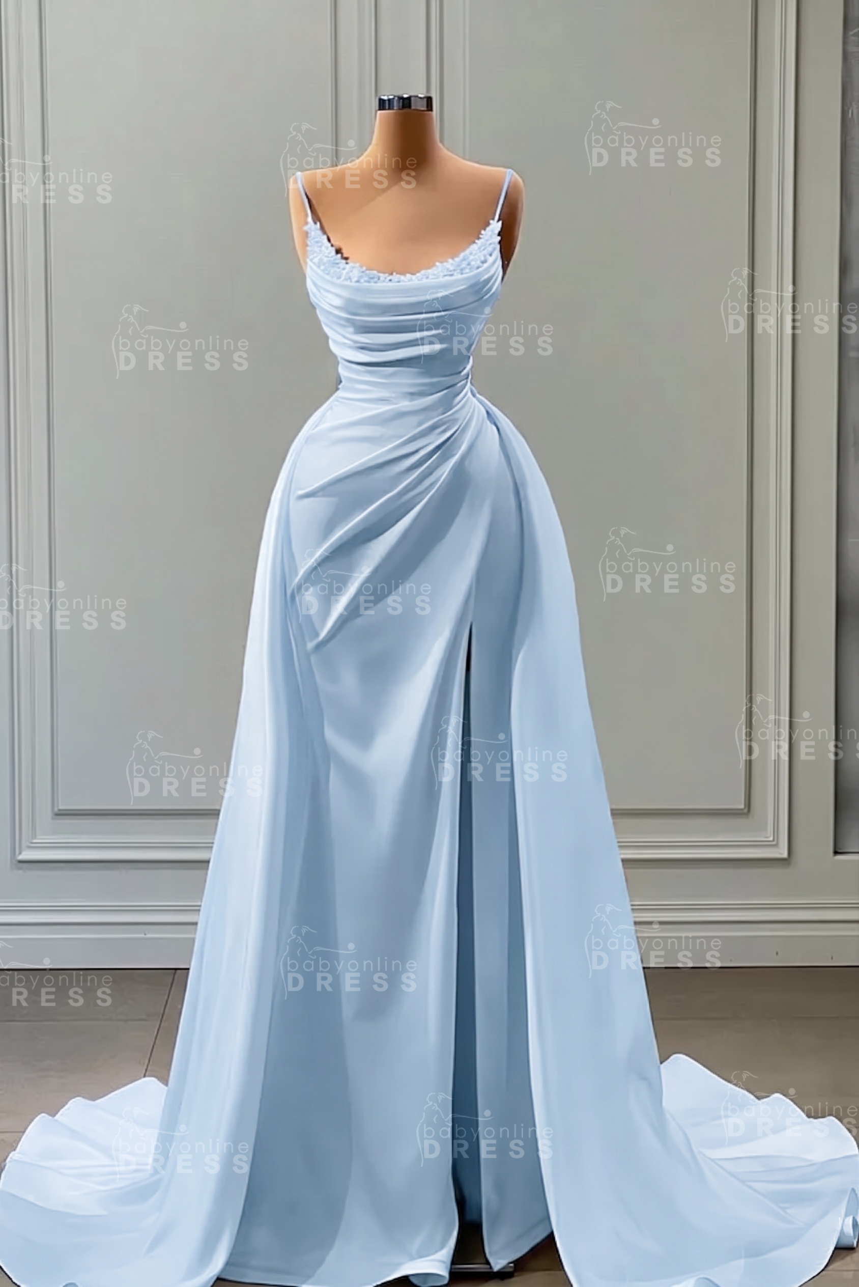 White Spaghetti Straps Satin Mermaid Prom Dress with High Split