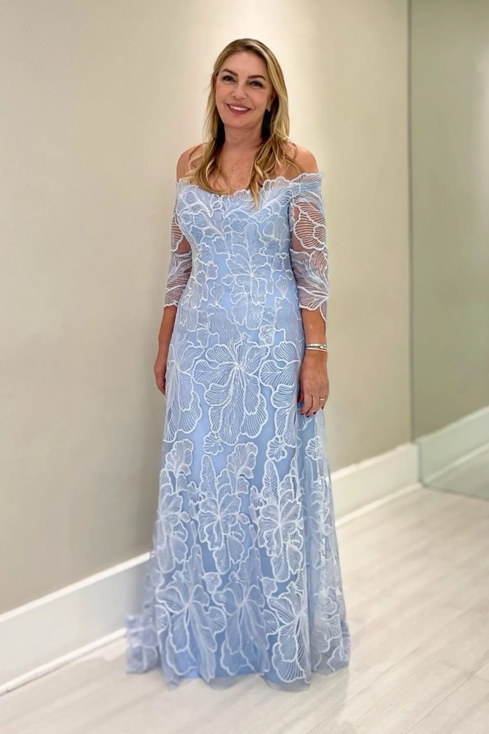 Off Shoulder 3/4 Sleeves Lace Mother of the Bride Dress Sky Blue Wedding Guest Dress