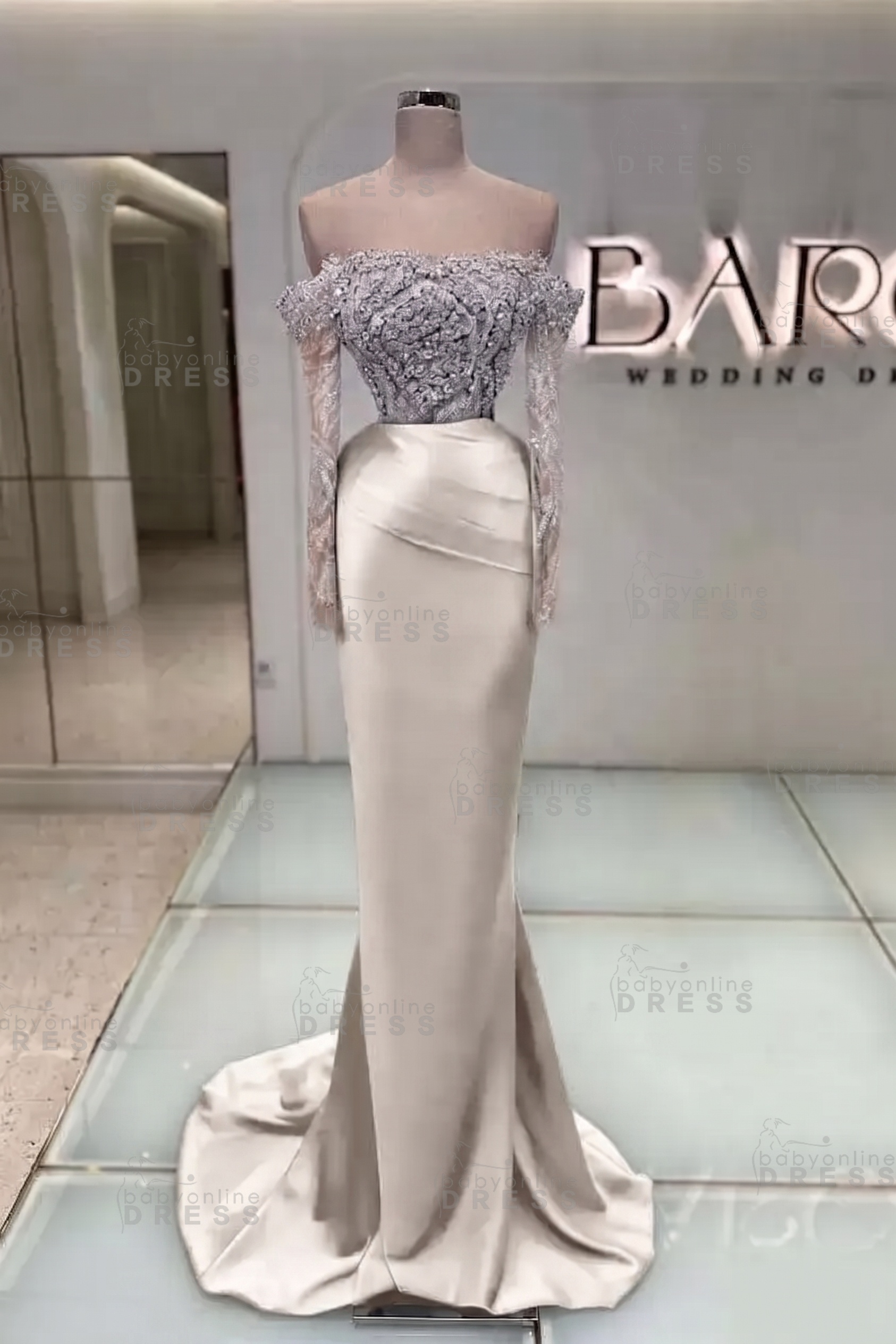 Off-the-Shoulder Ruffles Satin Mermaid Prom Dress Beadings with Sleeves
