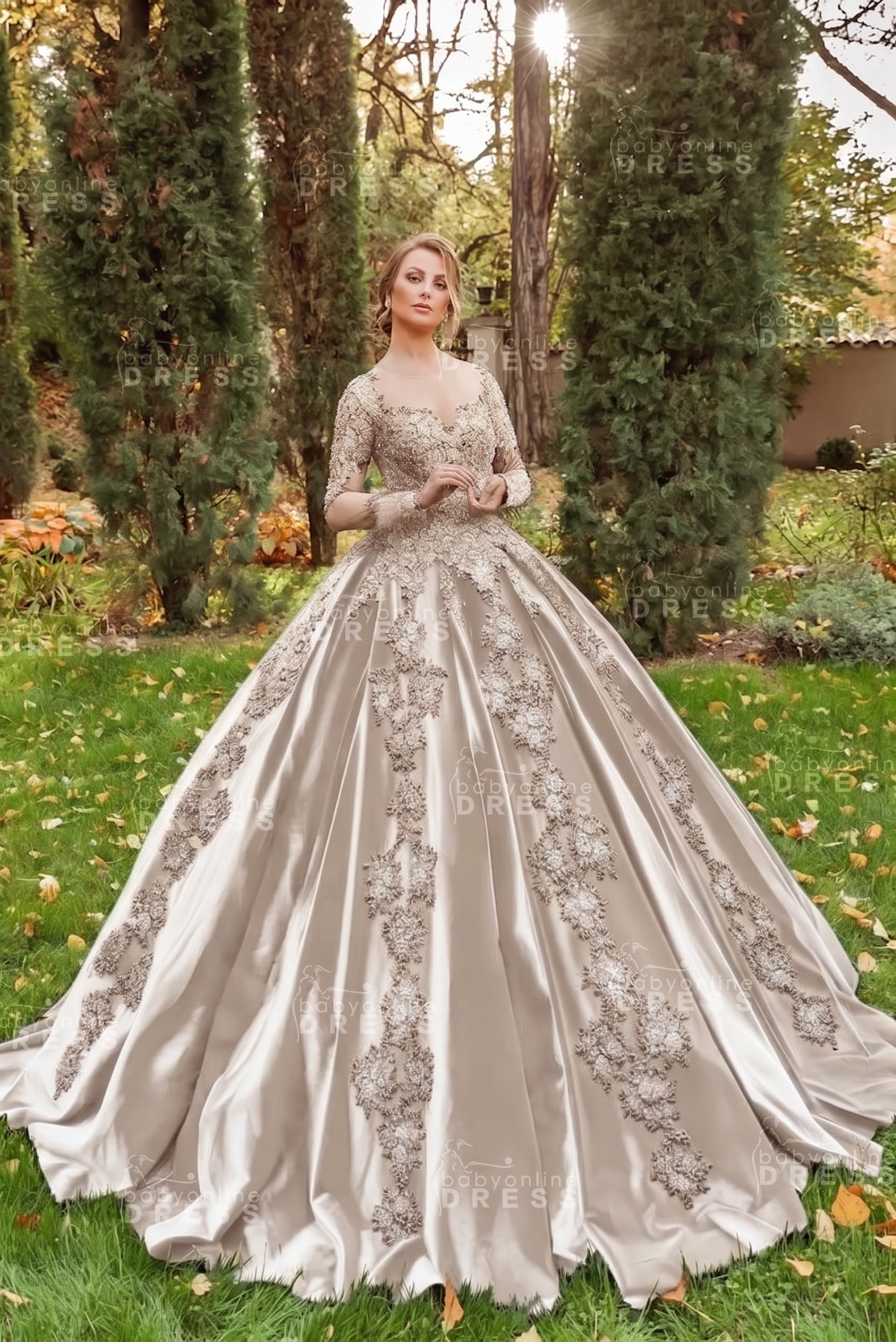 Gorgeous Long Sleeves Velvet Ball Gown with 3D Floral Appliques