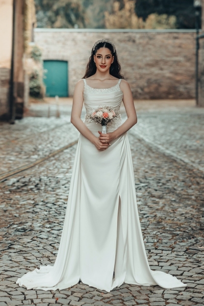 Spaghetti Straps Satin Ruched Pearl Mermaid Wedding Dresses