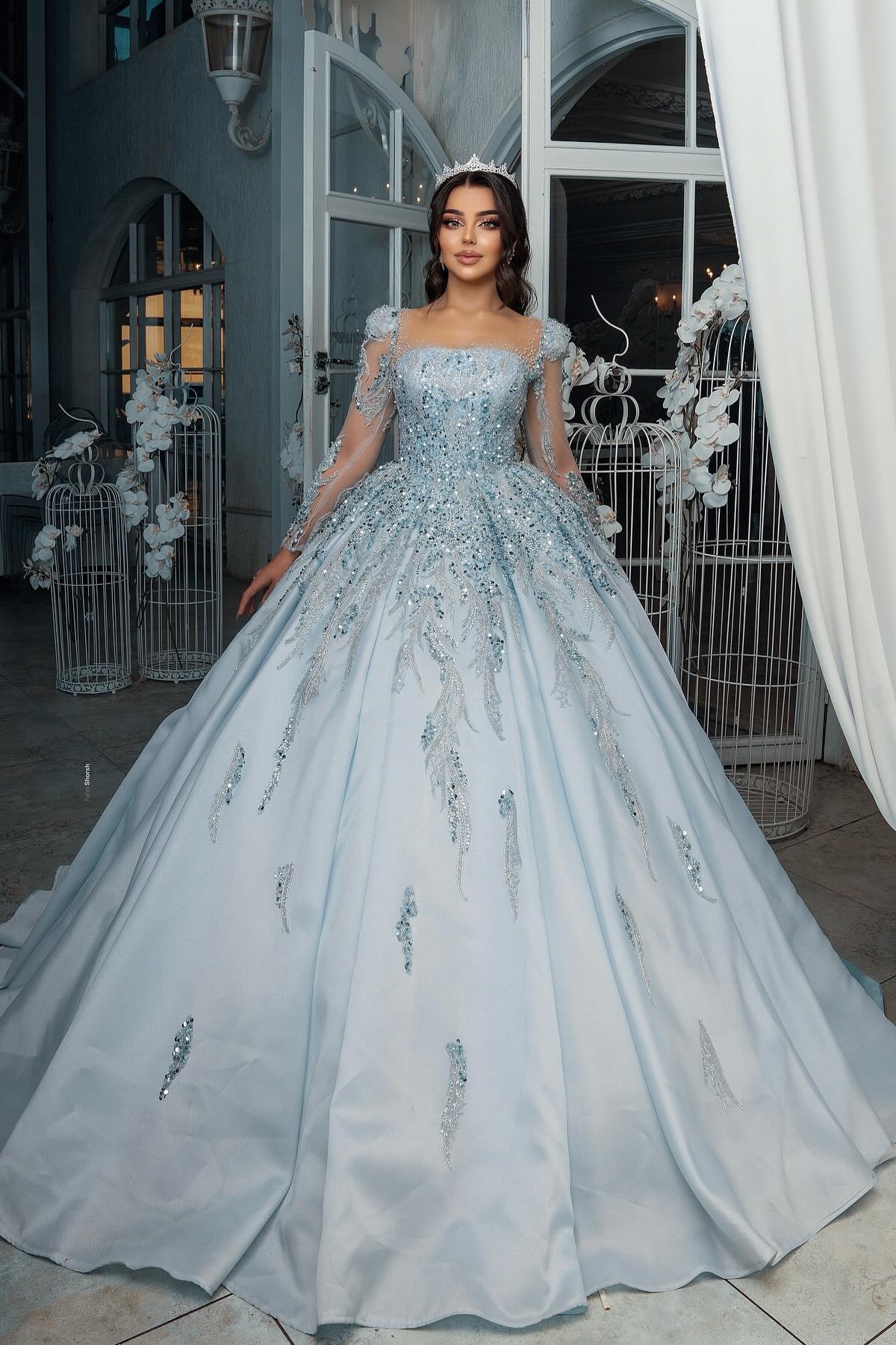 Square Neckline Appliques Lace Sequin Princess Wedding Dresses Long Sleeve