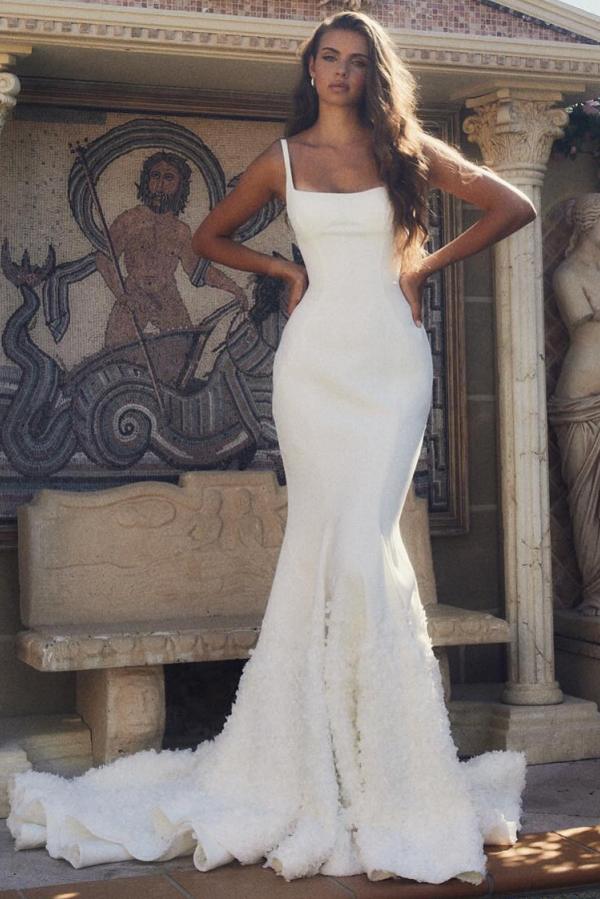 Square neck White Mermaid Satin Court Train Wedding Dresses