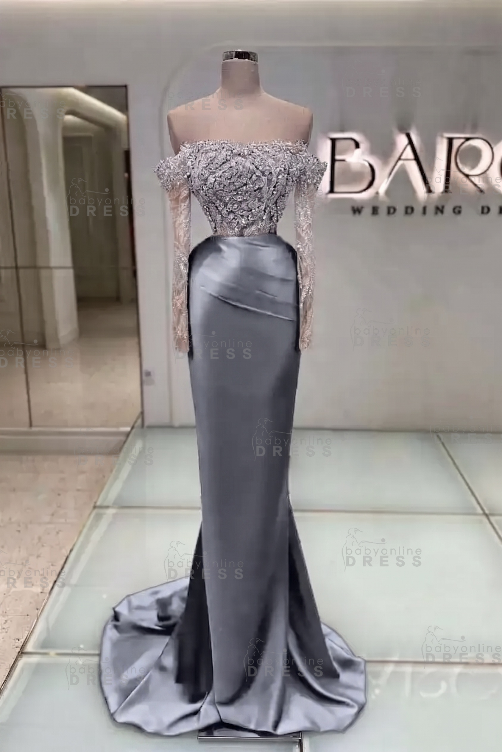 Off-the-Shoulder Ruffles Satin Mermaid Prom Dress Beadings with Sleeves