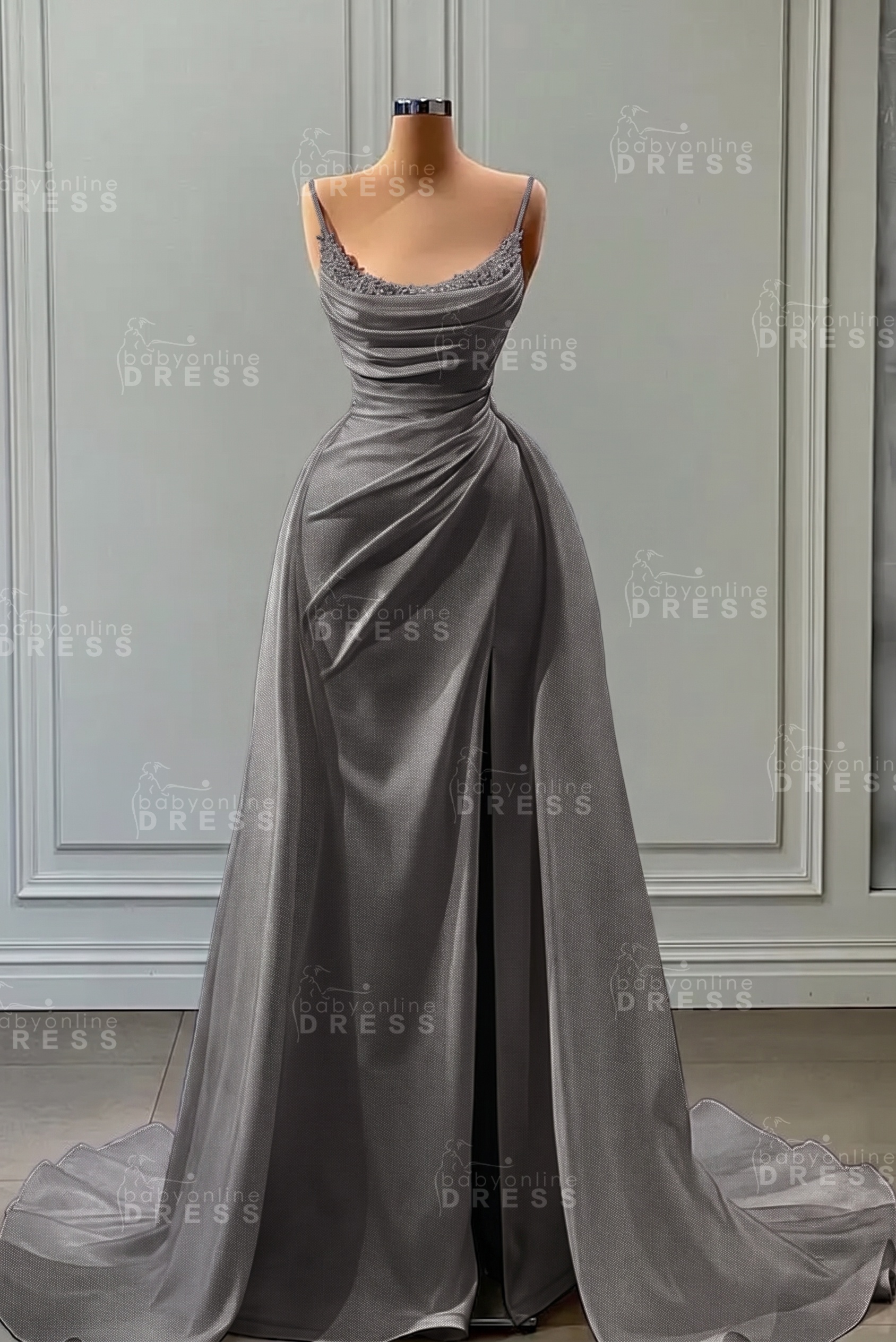White Spaghetti Straps Satin Mermaid Prom Dress with High Split