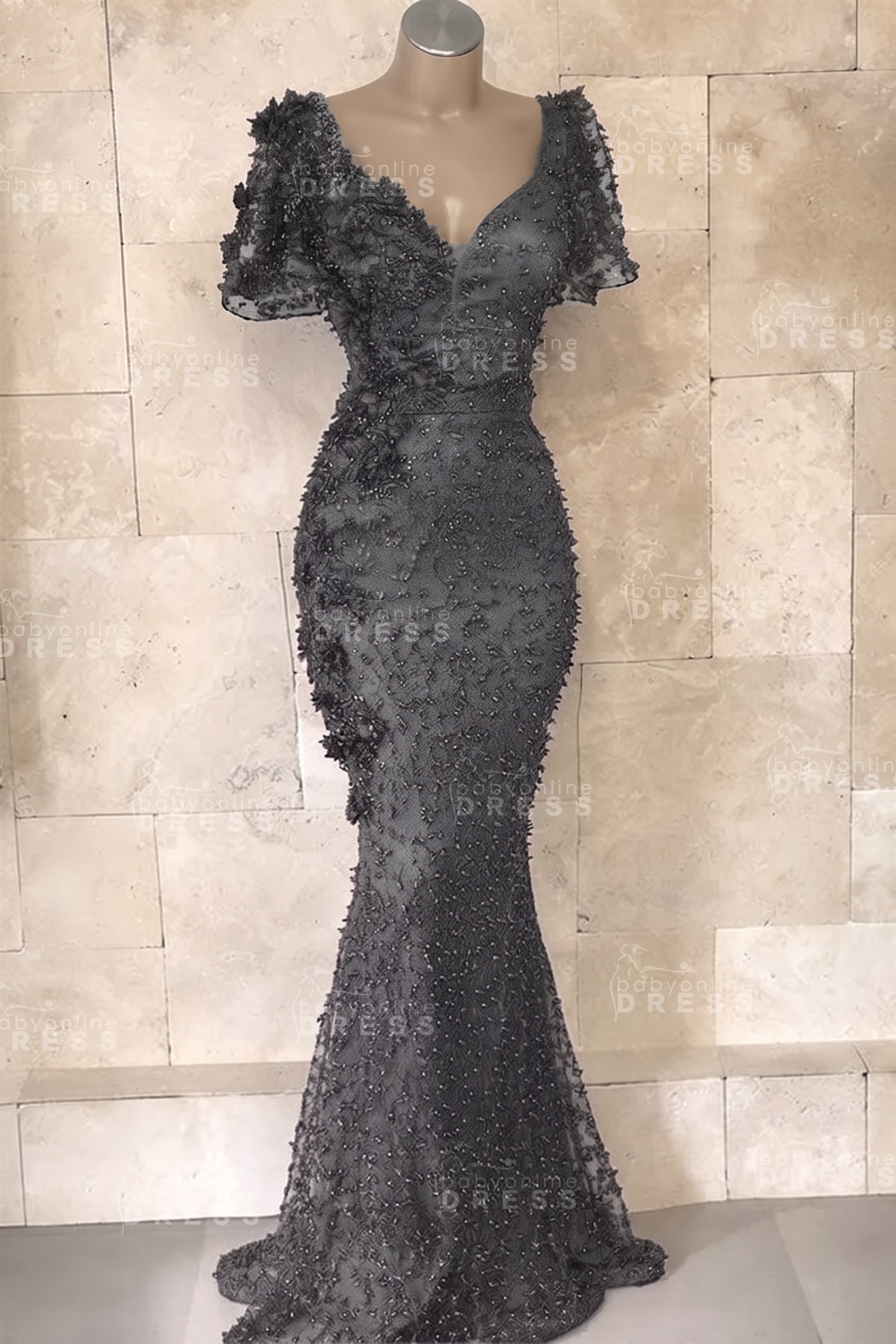 Glamorous V-Neck Short Sleeves Beading Flower Mermaid Floor-Length Prom Dresses